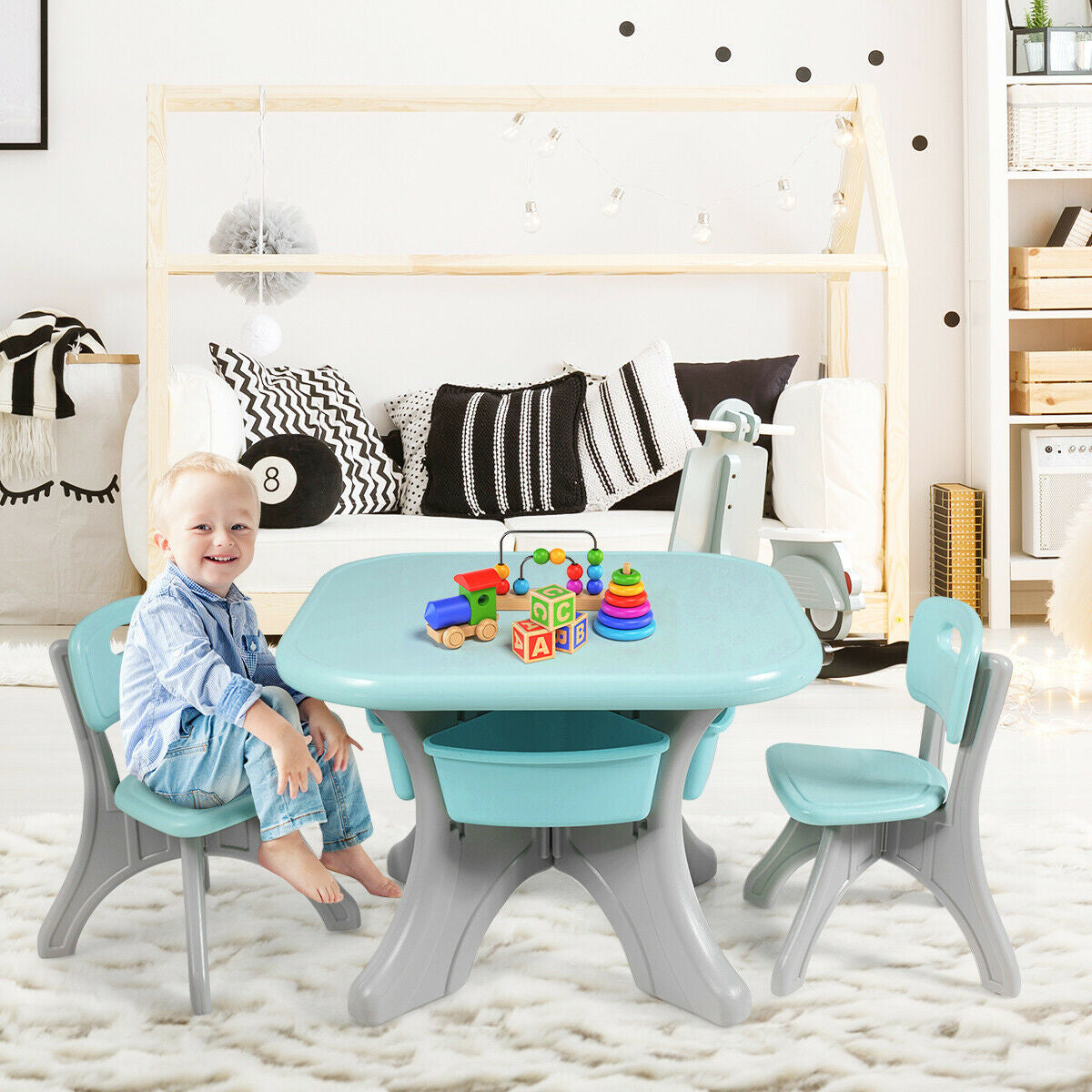 Children Kids Activity Table & Chair Set Play Furniture W/Storage-Blue Kids Crystal