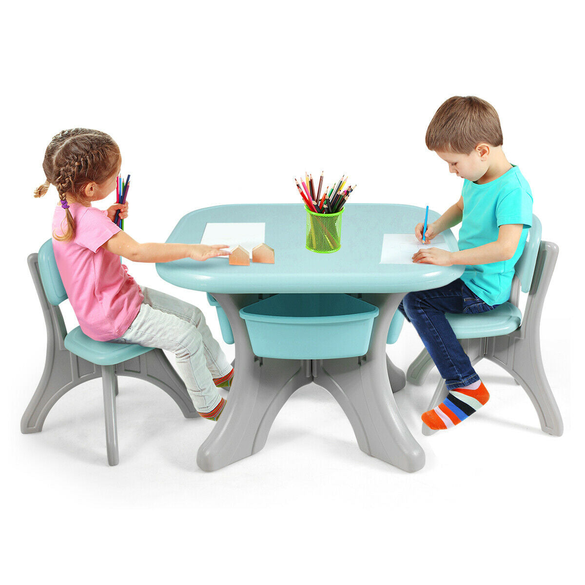 Children Kids Activity Table & Chair Set Play Furniture W/Storage-Blue Kids Crystal