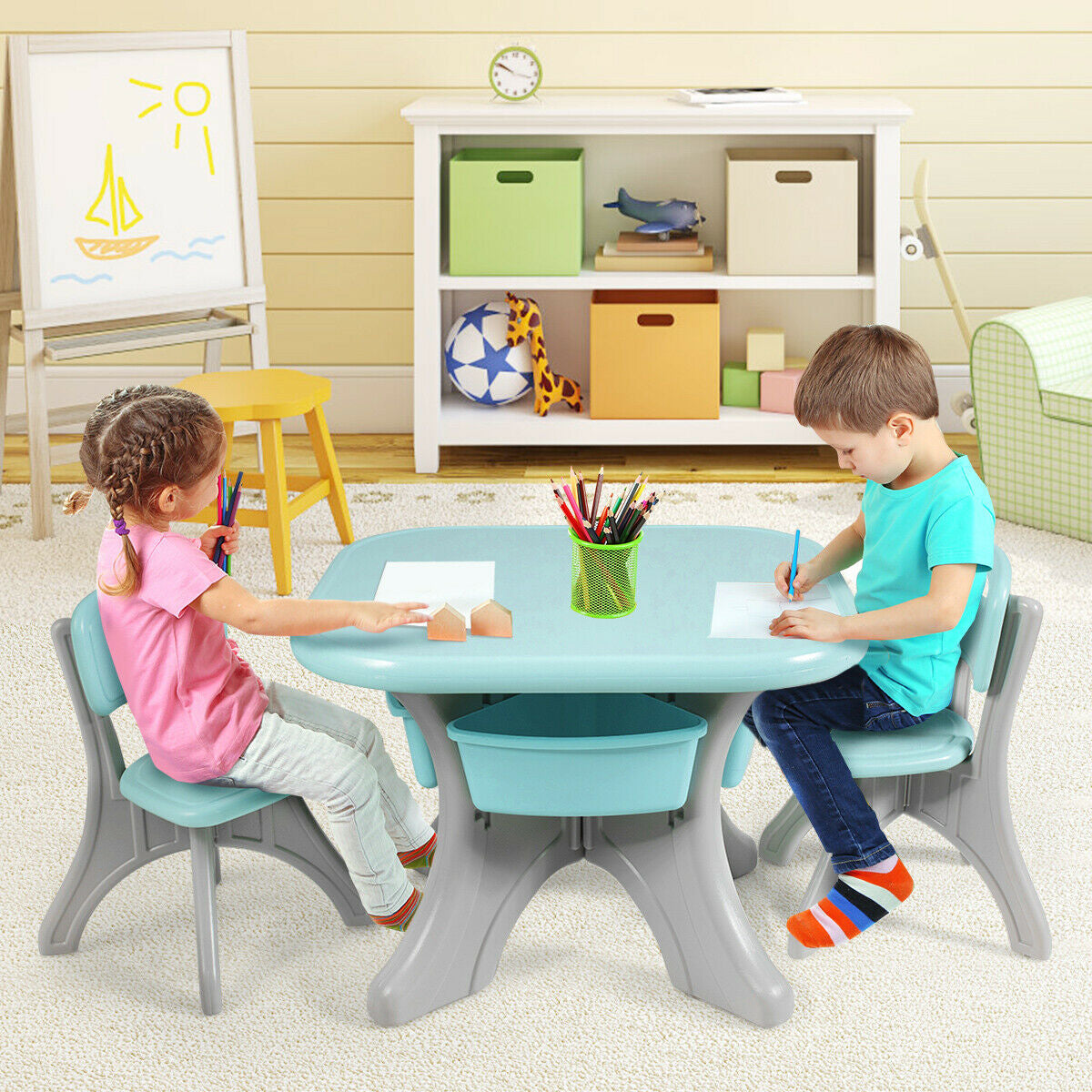 Children Kids Activity Table & Chair Set Play Furniture W/Storage-Blue Kids Crystal