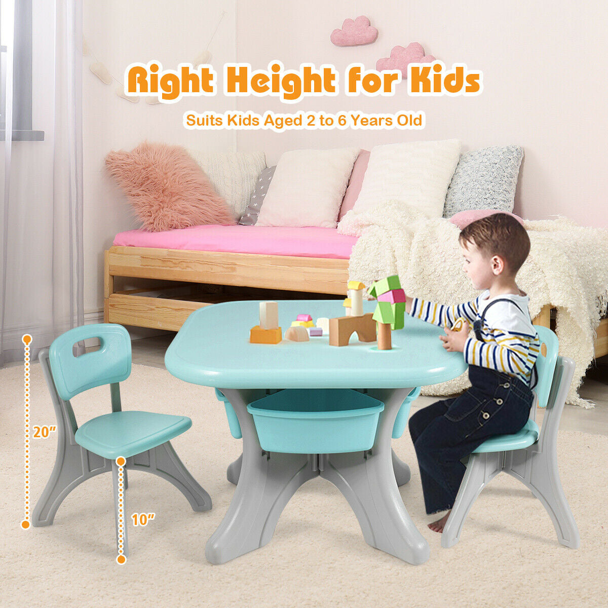 Children Kids Activity Table & Chair Set Play Furniture W/Storage-Blue Kids Crystal
