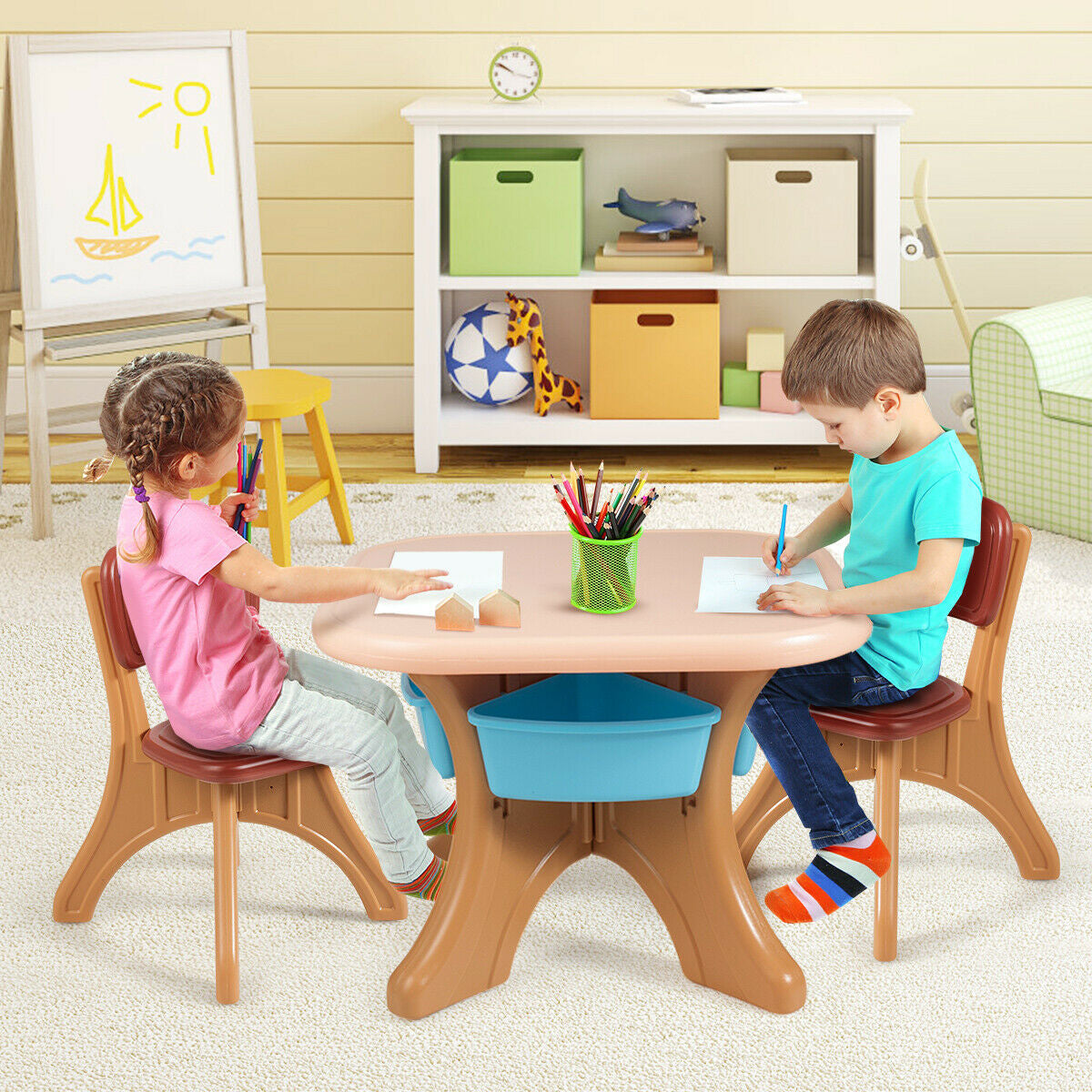 Kids Activity Table & Chair Set Play Furniture with Storage-Coffee Kids Crystal