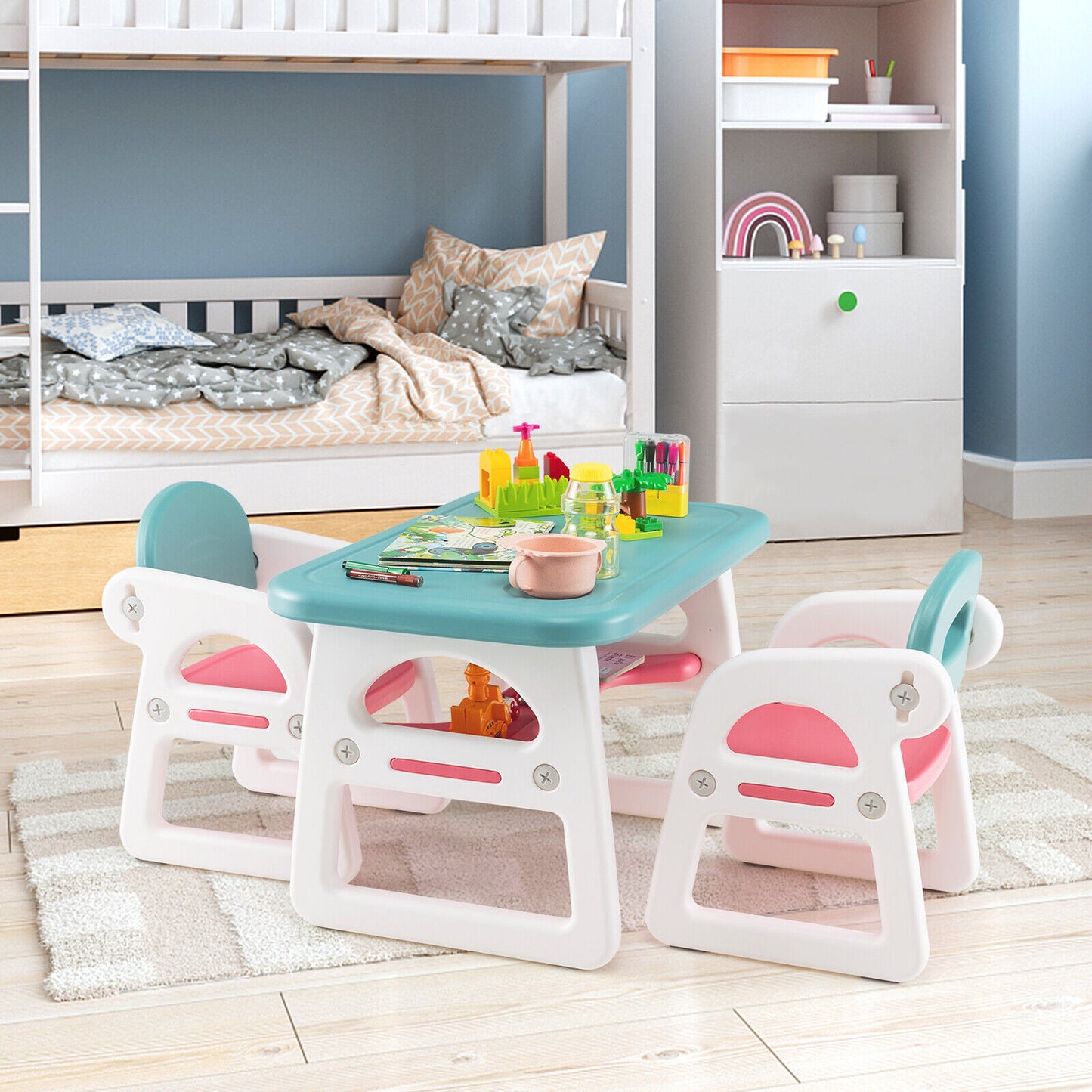Kids Table and Chair Set with Building Blocks-Pink & Blue Kids Crystal