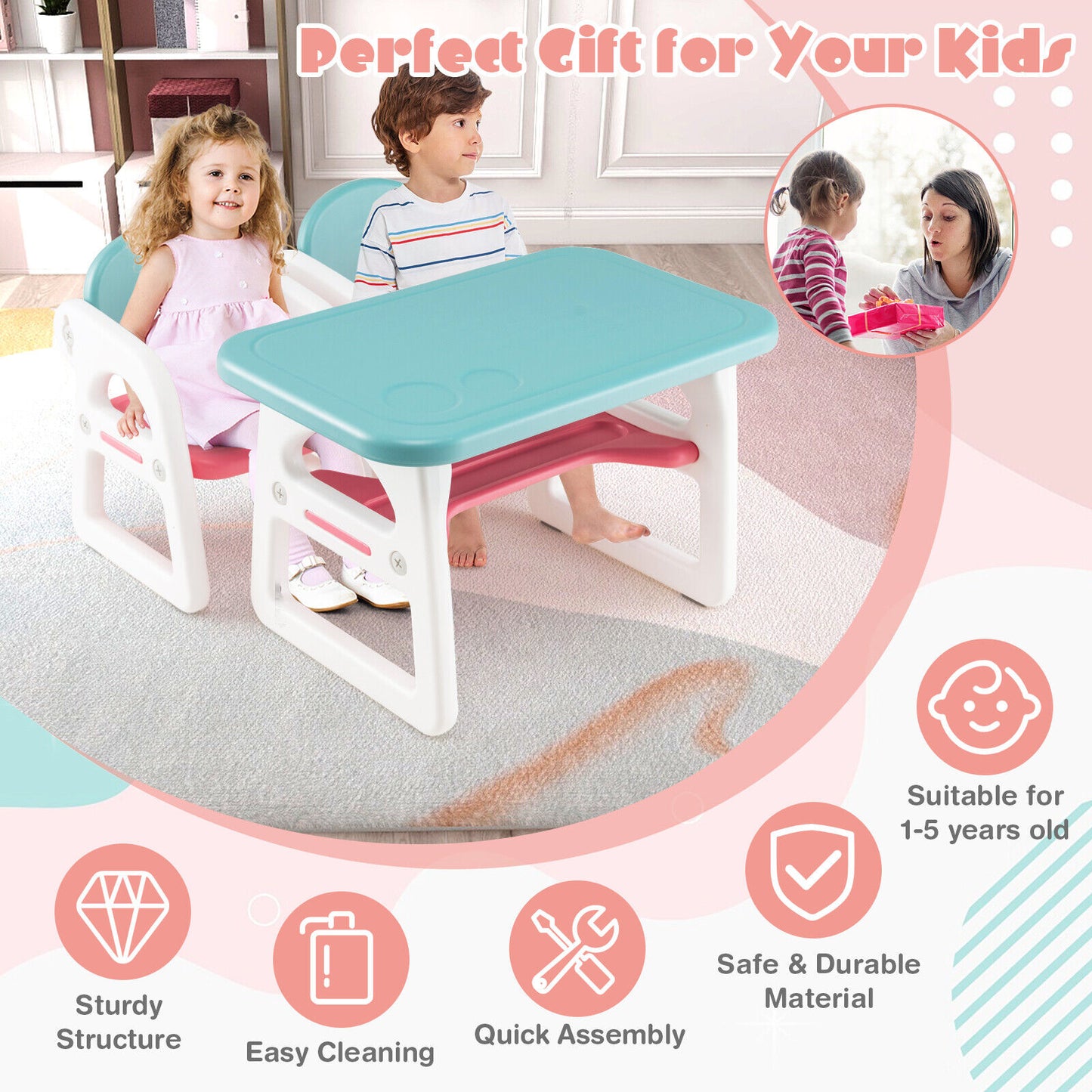 Kids Table and Chair Set with Building Blocks-Pink & Blue Kids Crystal