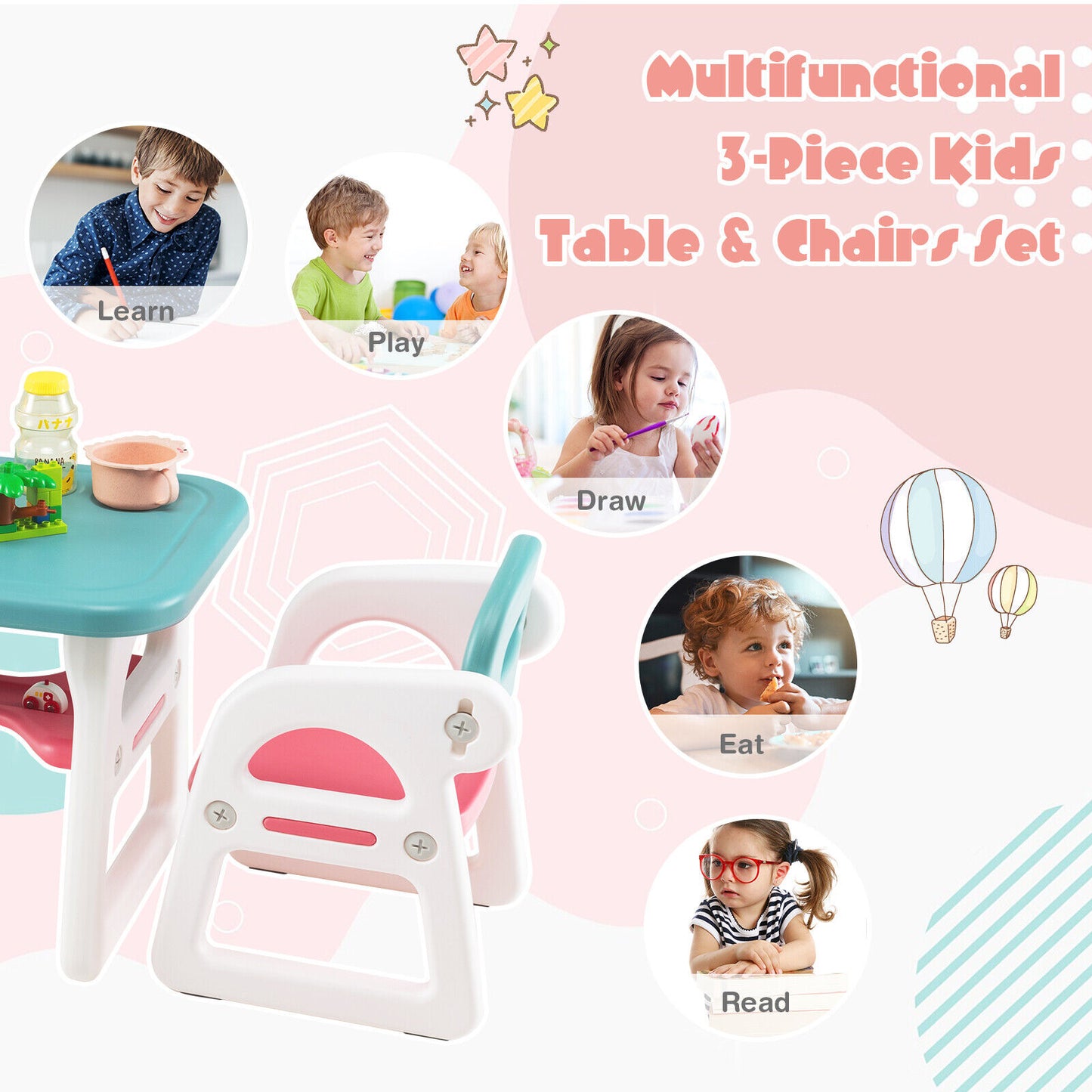 Kids Table and Chair Set with Building Blocks-Pink & Blue Kids Crystal