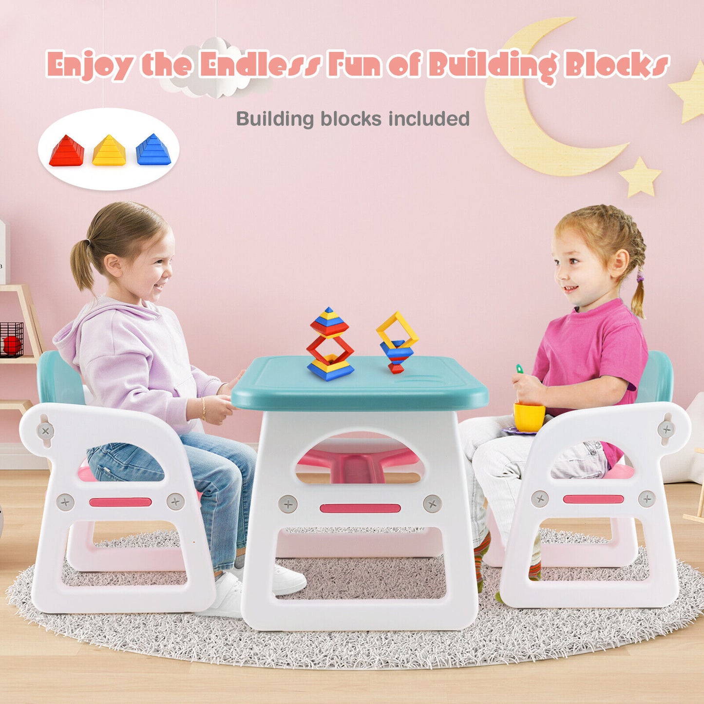 Kids Table and Chair Set with Building Blocks-Pink & Blue Kids Crystal