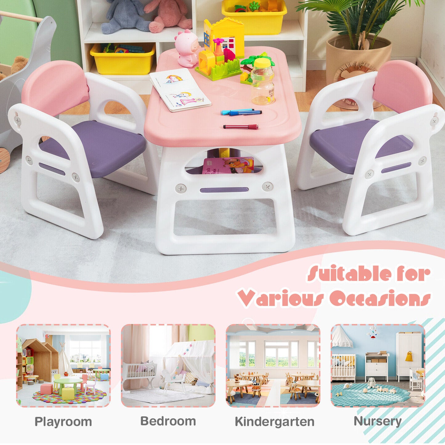 Kids Table and Chair Set with Building Blocks-Pink & Purple Kids Crystal