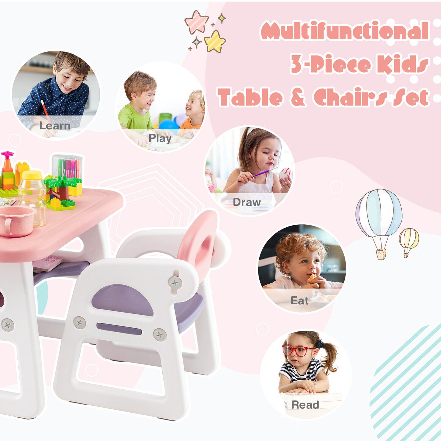Kids Table and Chair Set with Building Blocks-Pink & Purple Kids Crystal