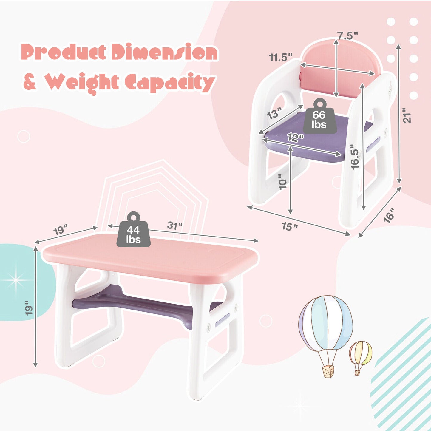 Kids Table and Chair Set with Building Blocks-Pink & Purple Kids Crystal