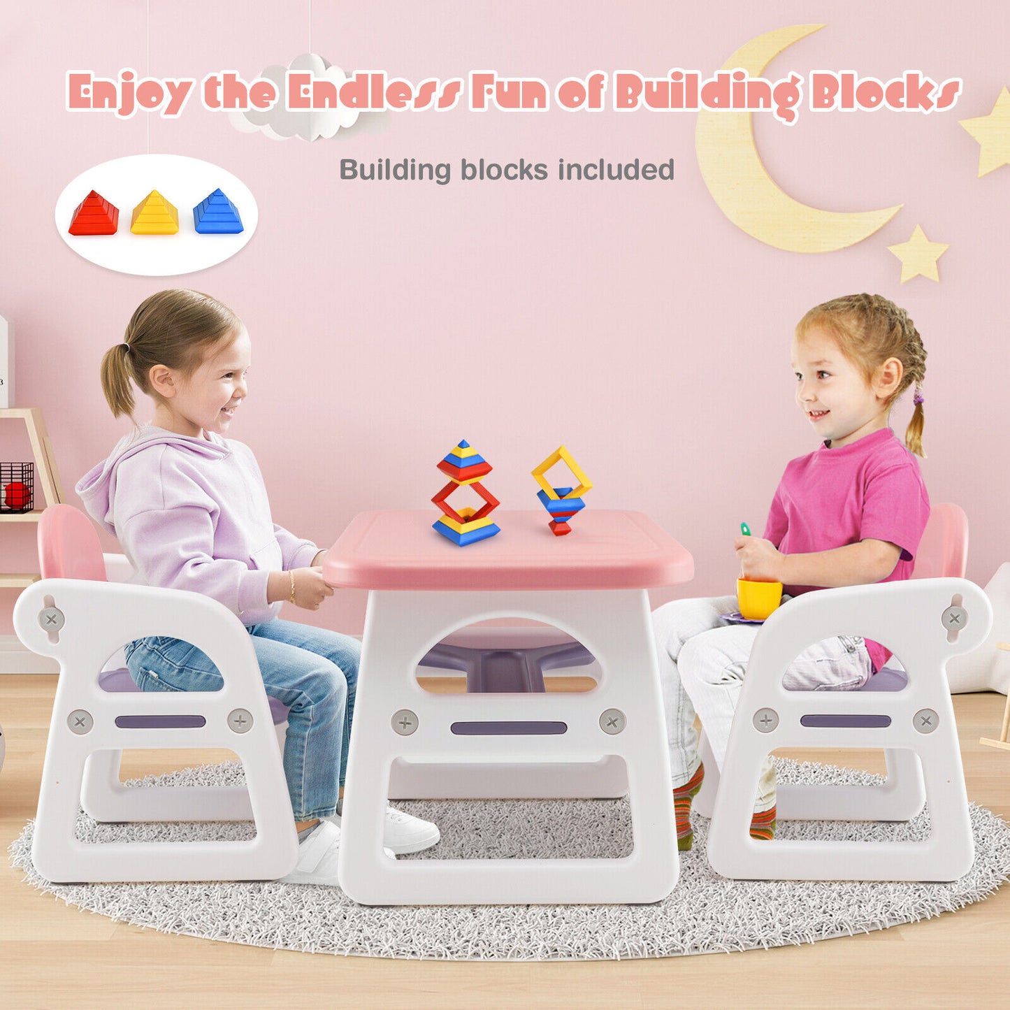 Kids Table and Chair Set with Building Blocks-Pink & Purple Kids Crystal