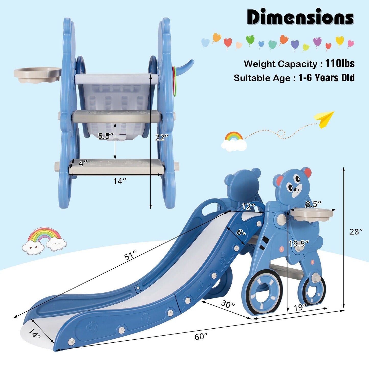 4-in-1 Kids Plastic Folding Slide PlaySet with Ring Toss and Ball-Blue Kids Crystal