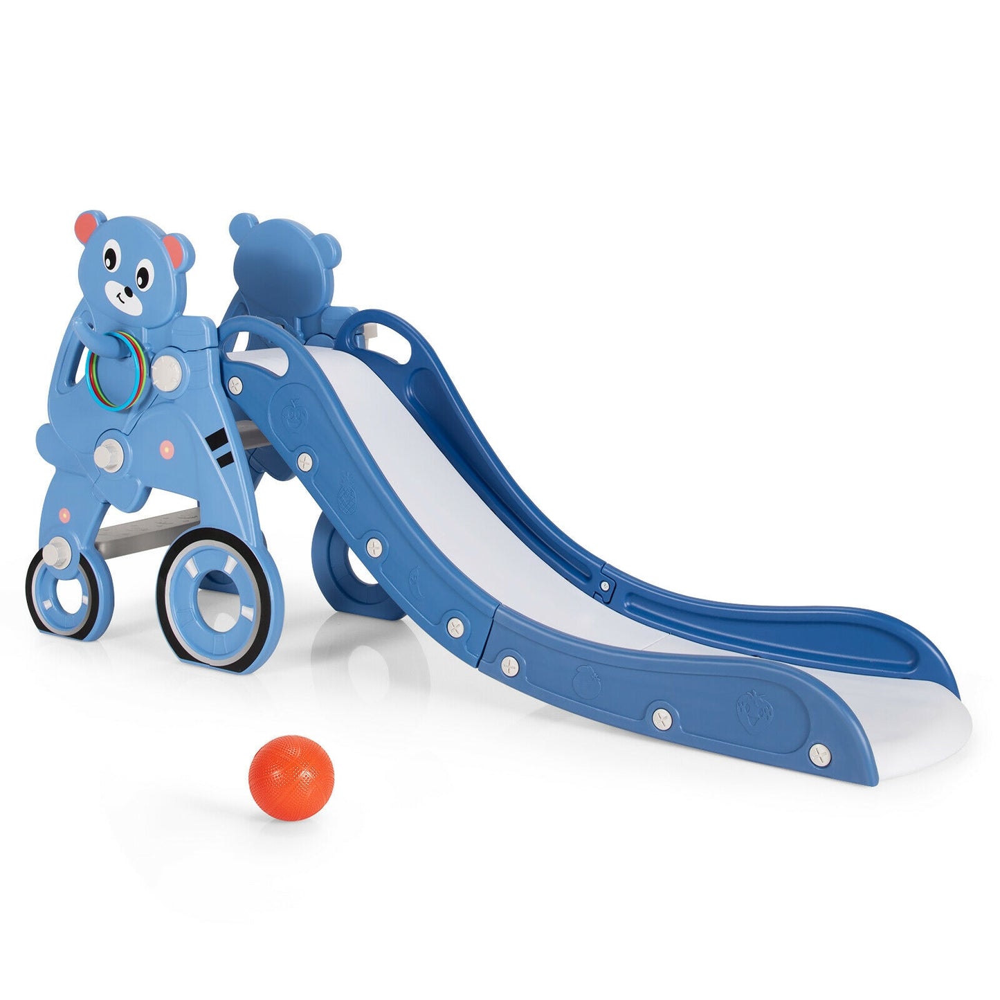 4-in-1 Kids Plastic Folding Slide PlaySet with Ring Toss and Ball-Blue Kids Crystal