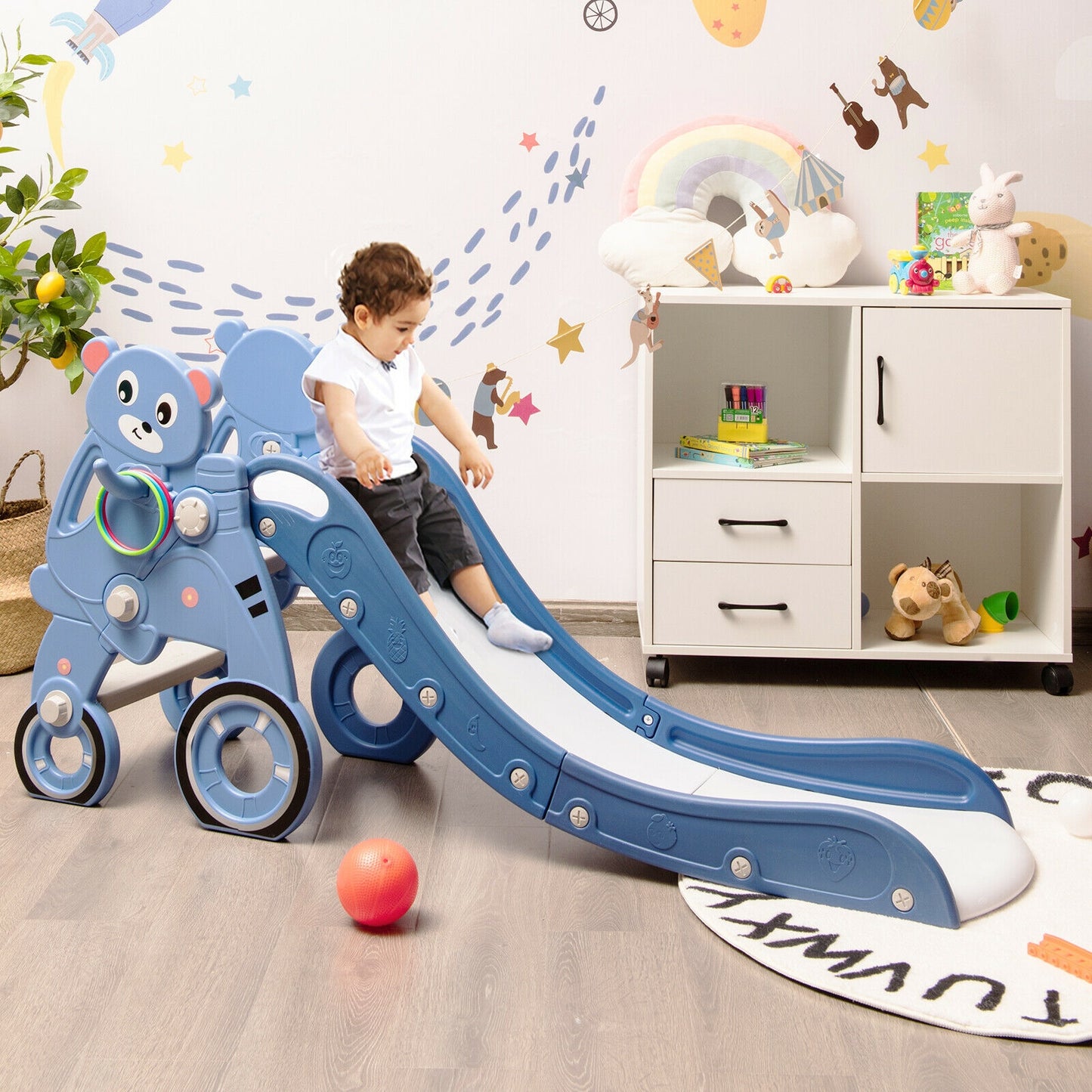 4-in-1 Kids Plastic Folding Slide PlaySet with Ring Toss and Ball-Blue Kids Crystal