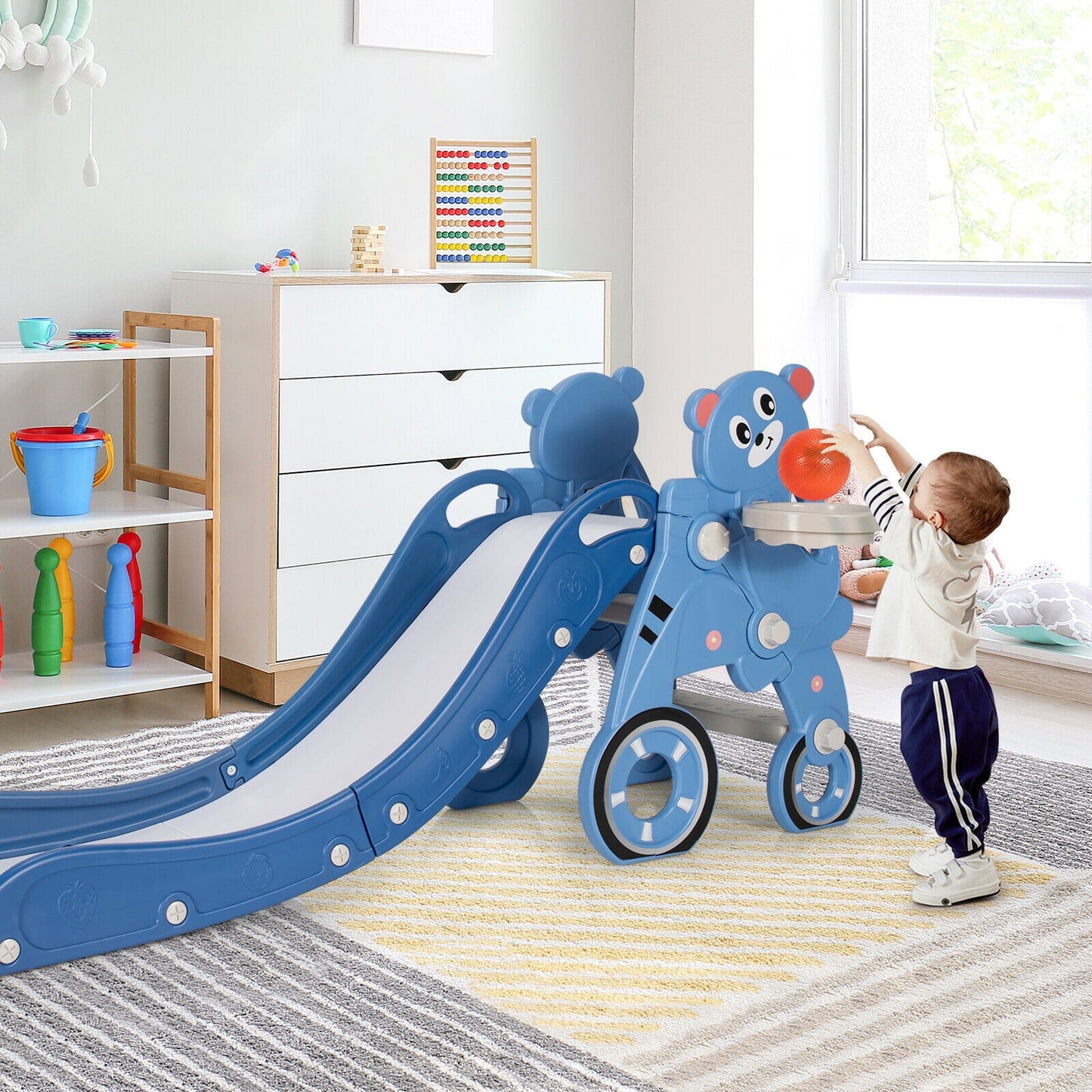 4-in-1 Kids Plastic Folding Slide PlaySet with Ring Toss and Ball-Blue Kids Crystal