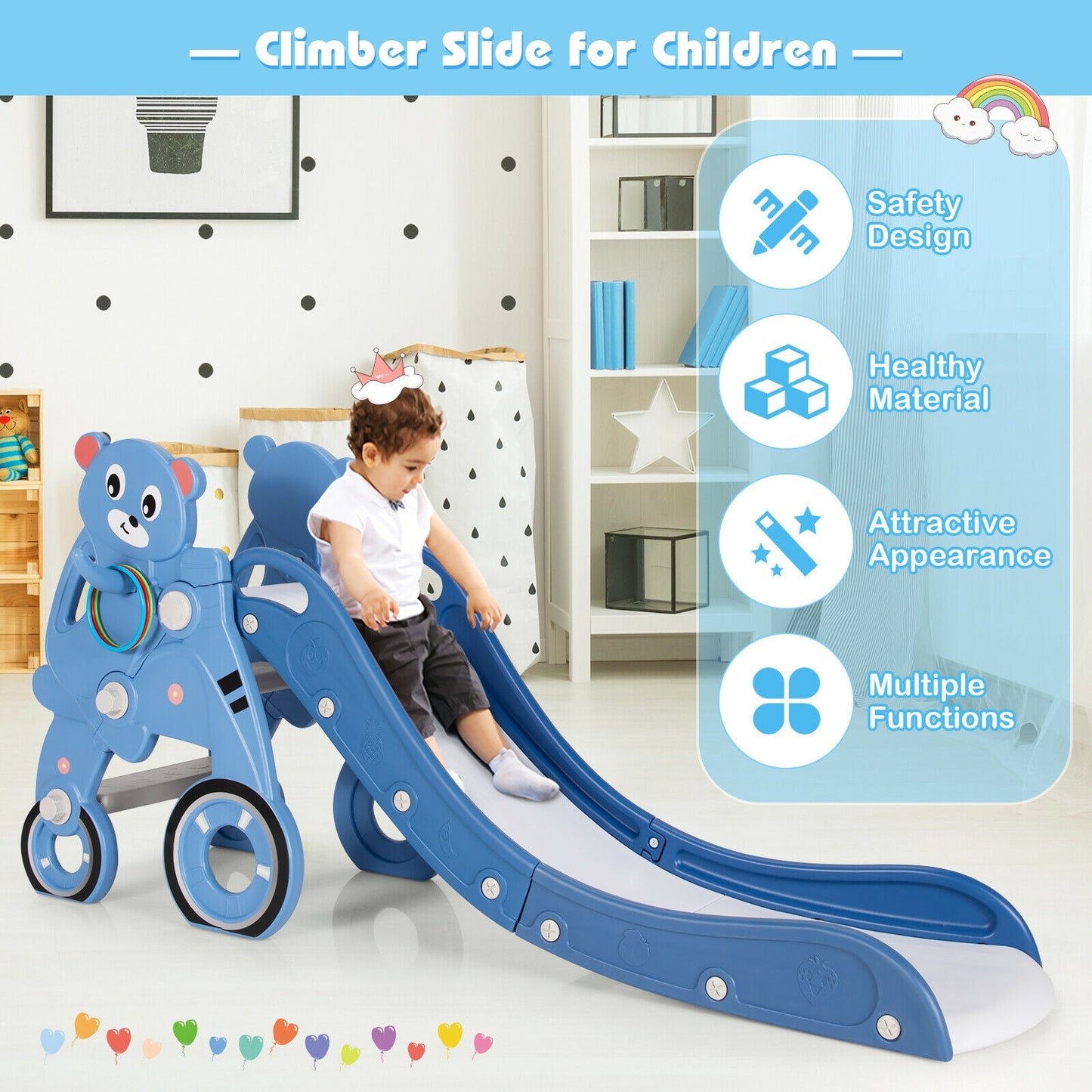 4-in-1 Kids Plastic Folding Slide PlaySet with Ring Toss and Ball-Blue Kids Crystal