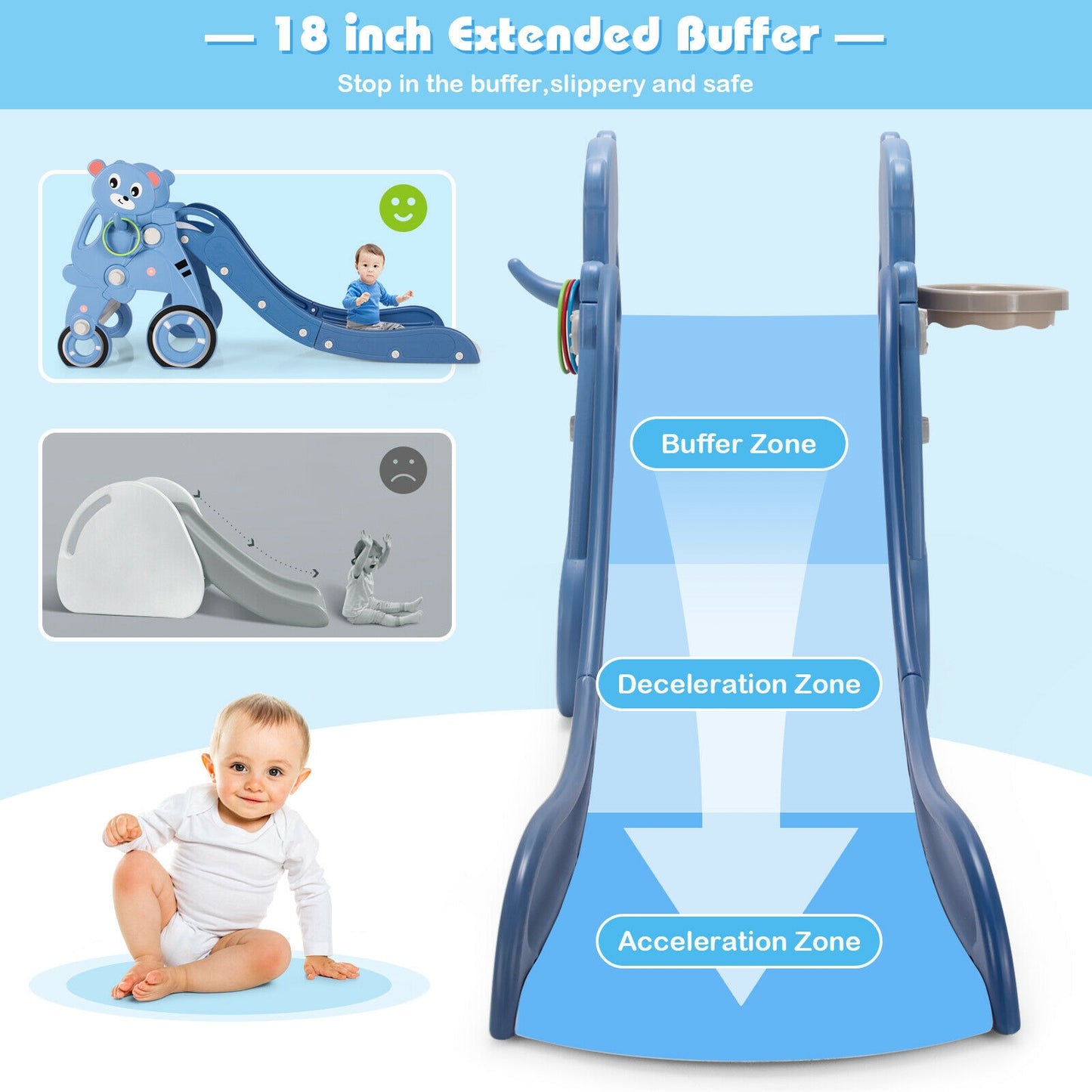 4-in-1 Kids Plastic Folding Slide PlaySet with Ring Toss and Ball-Blue Kids Crystal