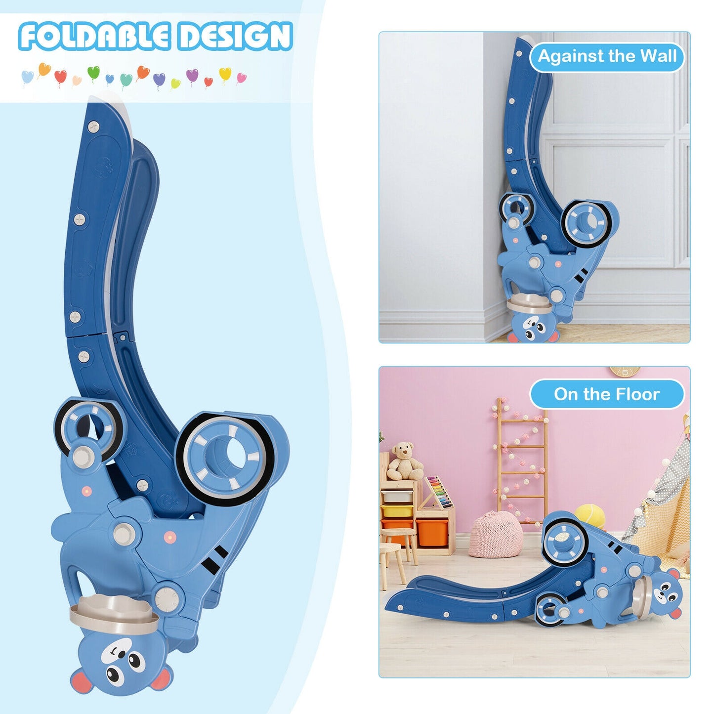 4-in-1 Kids Plastic Folding Slide PlaySet with Ring Toss and Ball-Blue Kids Crystal