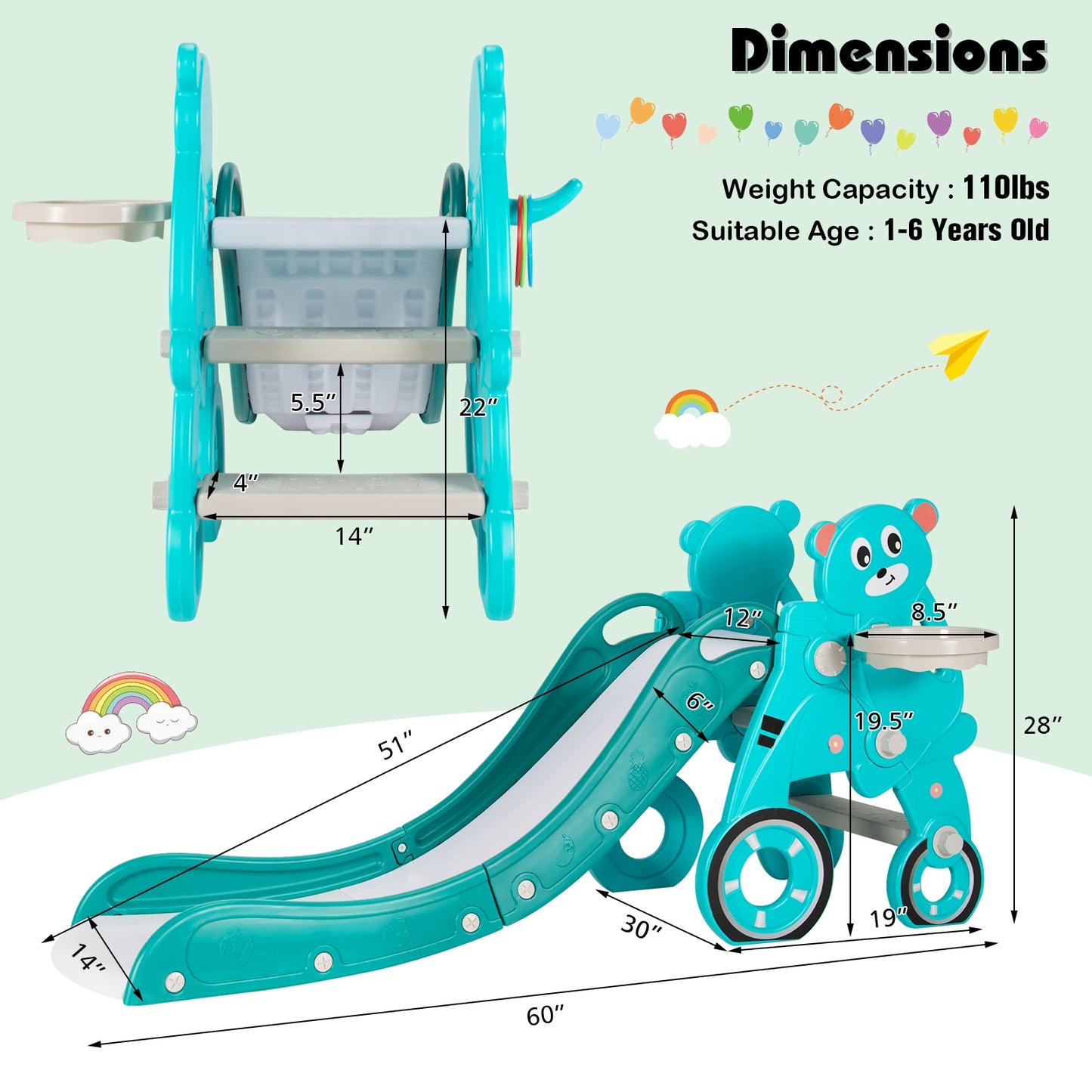 4-in-1 Kids Plastic Folding Slide PlaySet with Ring Toss and Ball-Green Kids Crystal