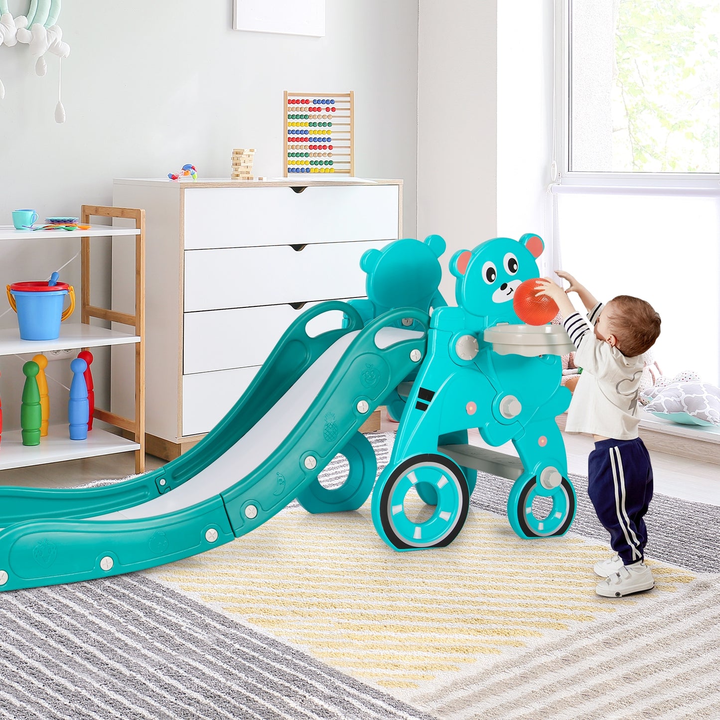 4-in-1 Kids Plastic Folding Slide PlaySet with Ring Toss and Ball-Green Kids Crystal