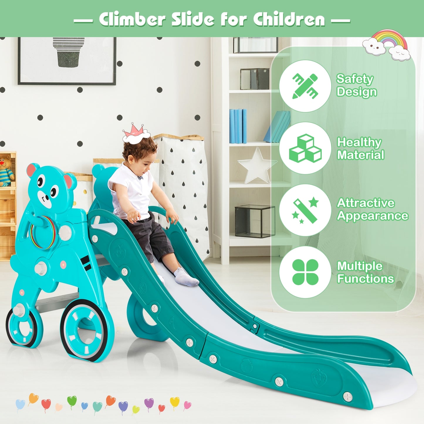 4-in-1 Kids Plastic Folding Slide PlaySet with Ring Toss and Ball-Green Kids Crystal