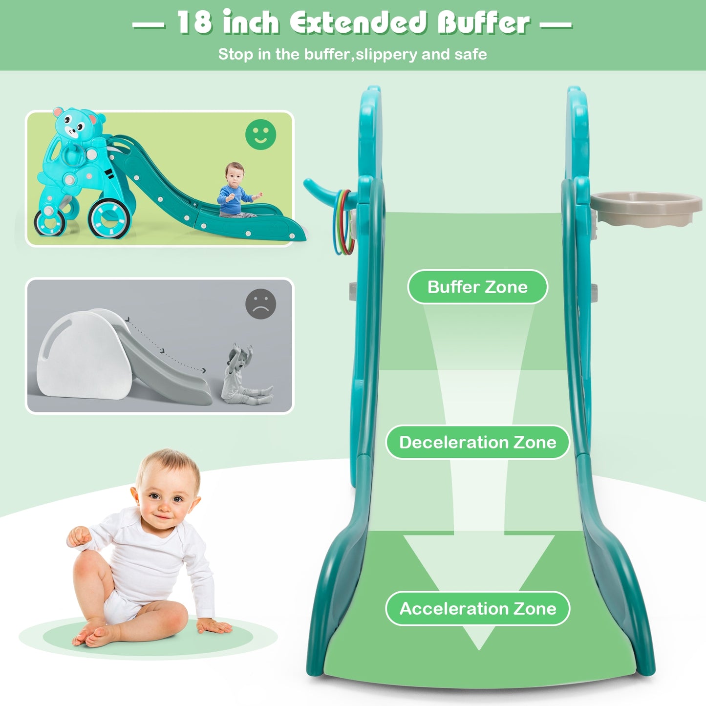 4-in-1 Kids Plastic Folding Slide PlaySet with Ring Toss and Ball-Green Kids Crystal
