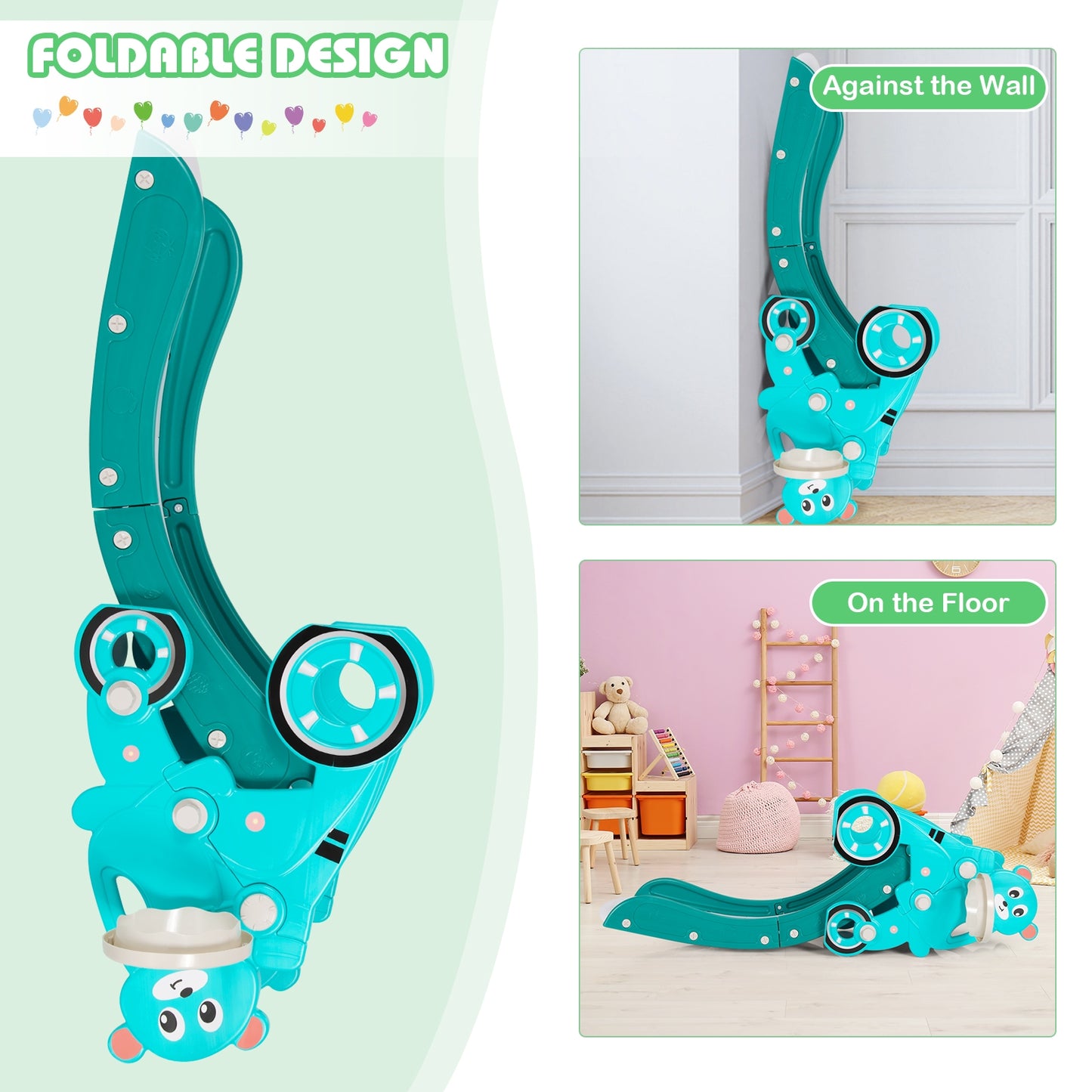 4-in-1 Kids Plastic Folding Slide PlaySet with Ring Toss and Ball-Green Kids Crystal