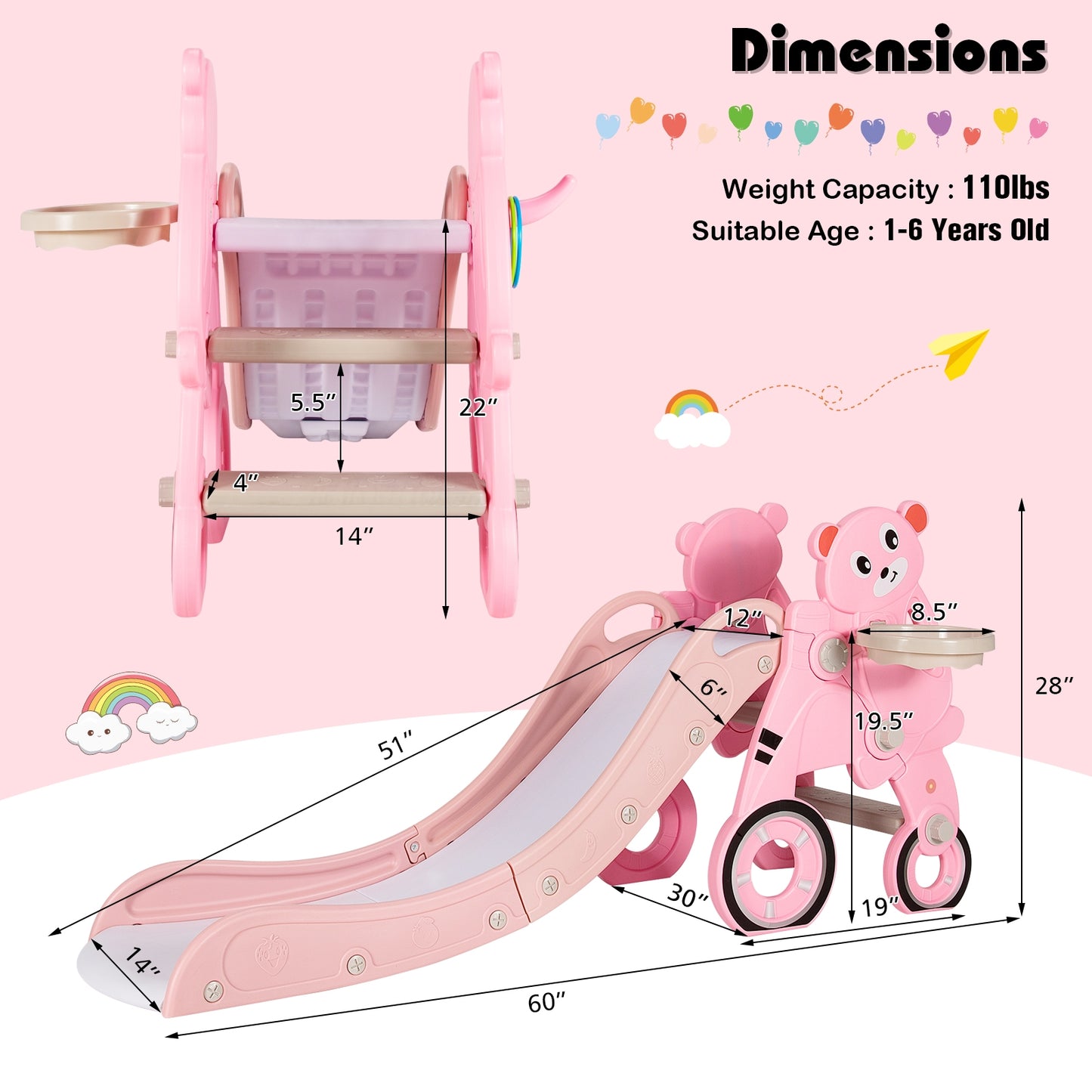 4-in-1 Kids Plastic Folding Slide PlaySet with Ring Toss and Ball-Pink Kids Crystal
