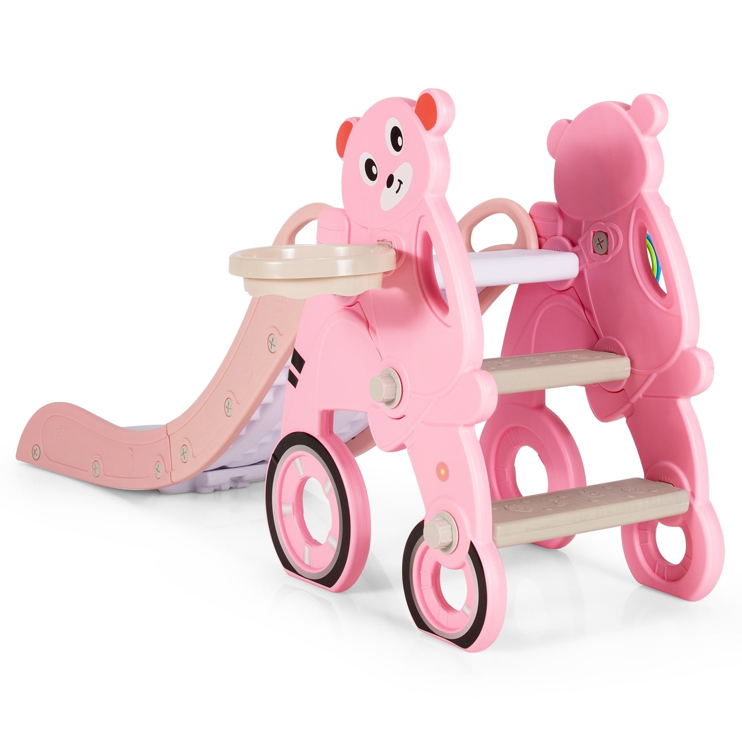4-in-1 Kids Plastic Folding Slide PlaySet with Ring Toss and Ball-Pink Kids Crystal