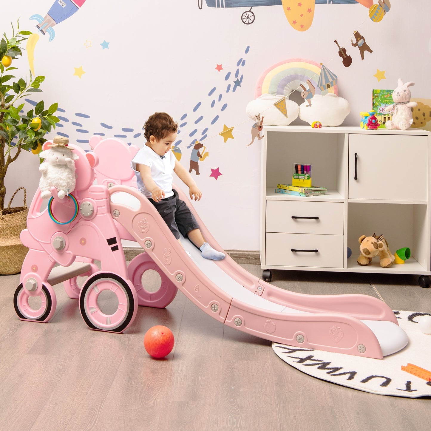 4-in-1 Kids Plastic Folding Slide PlaySet with Ring Toss and Ball-Pink Kids Crystal