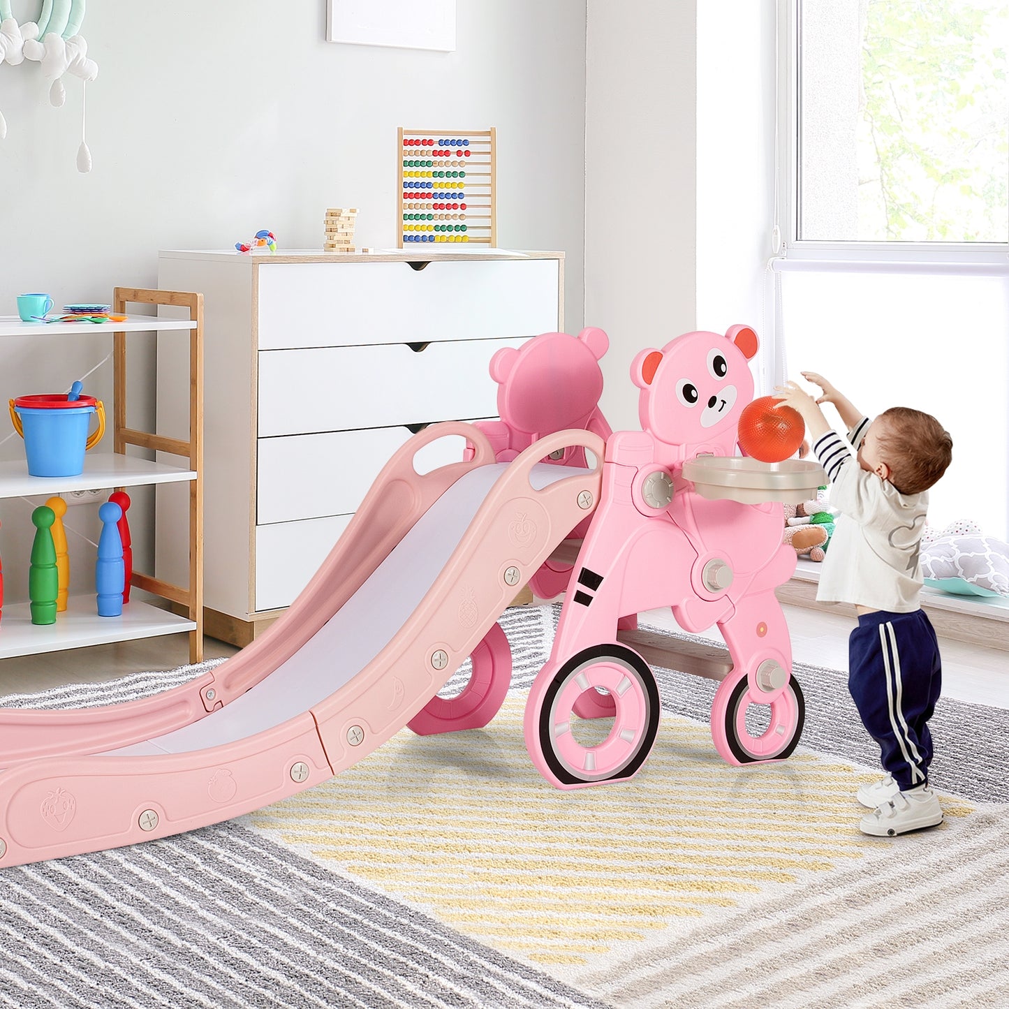 4-in-1 Kids Plastic Folding Slide PlaySet with Ring Toss and Ball-Pink Kids Crystal