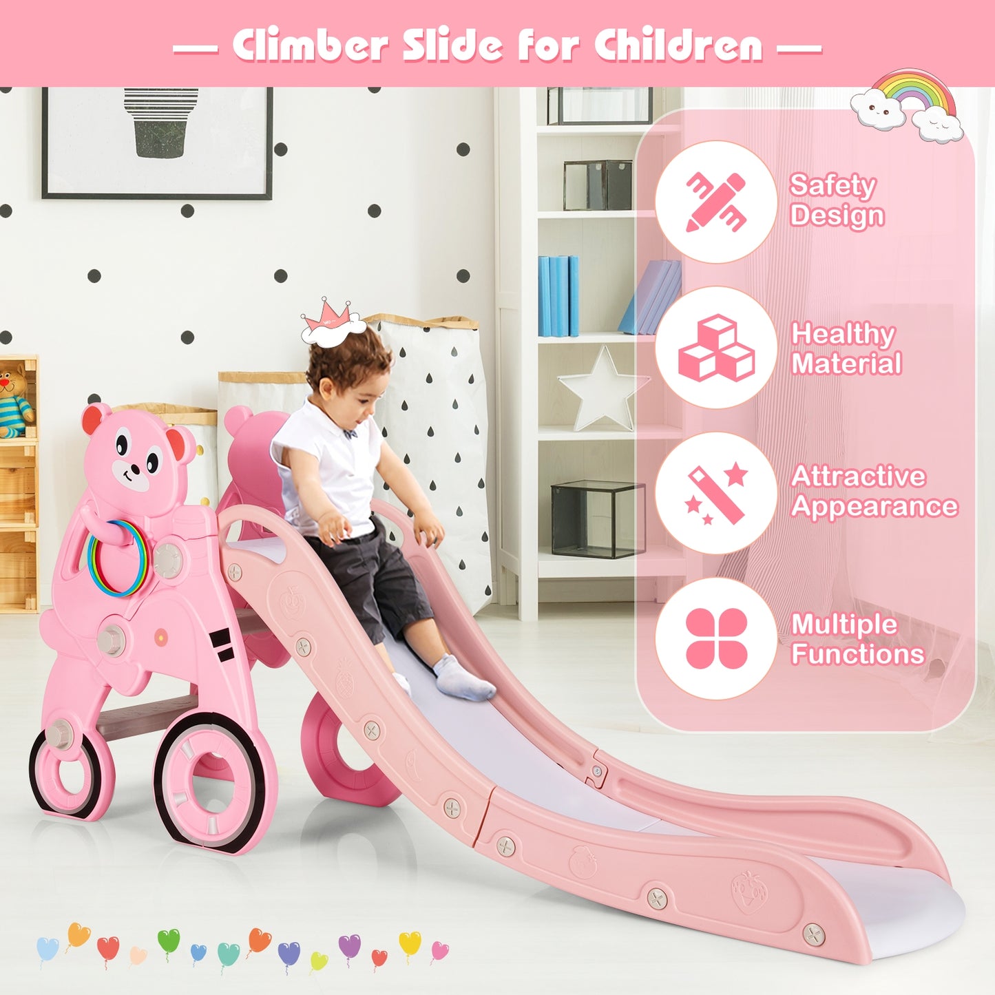 4-in-1 Kids Plastic Folding Slide PlaySet with Ring Toss and Ball-Pink Kids Crystal