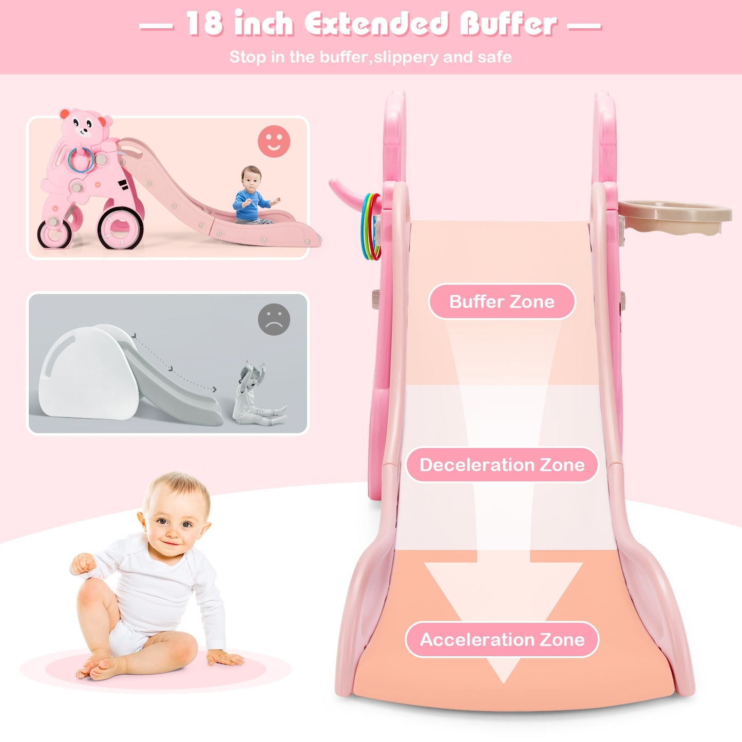 4-in-1 Kids Plastic Folding Slide PlaySet with Ring Toss and Ball-Pink Kids Crystal