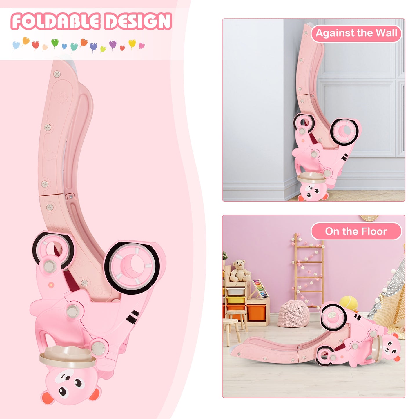4-in-1 Kids Plastic Folding Slide PlaySet with Ring Toss and Ball-Pink Kids Crystal