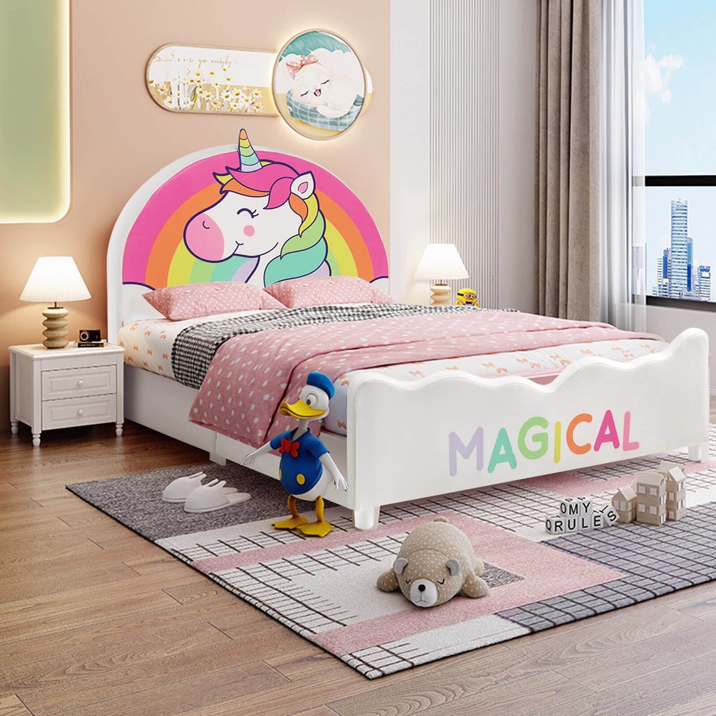Children Twin Size Upholstered Platform Single Bed Kids Crystal