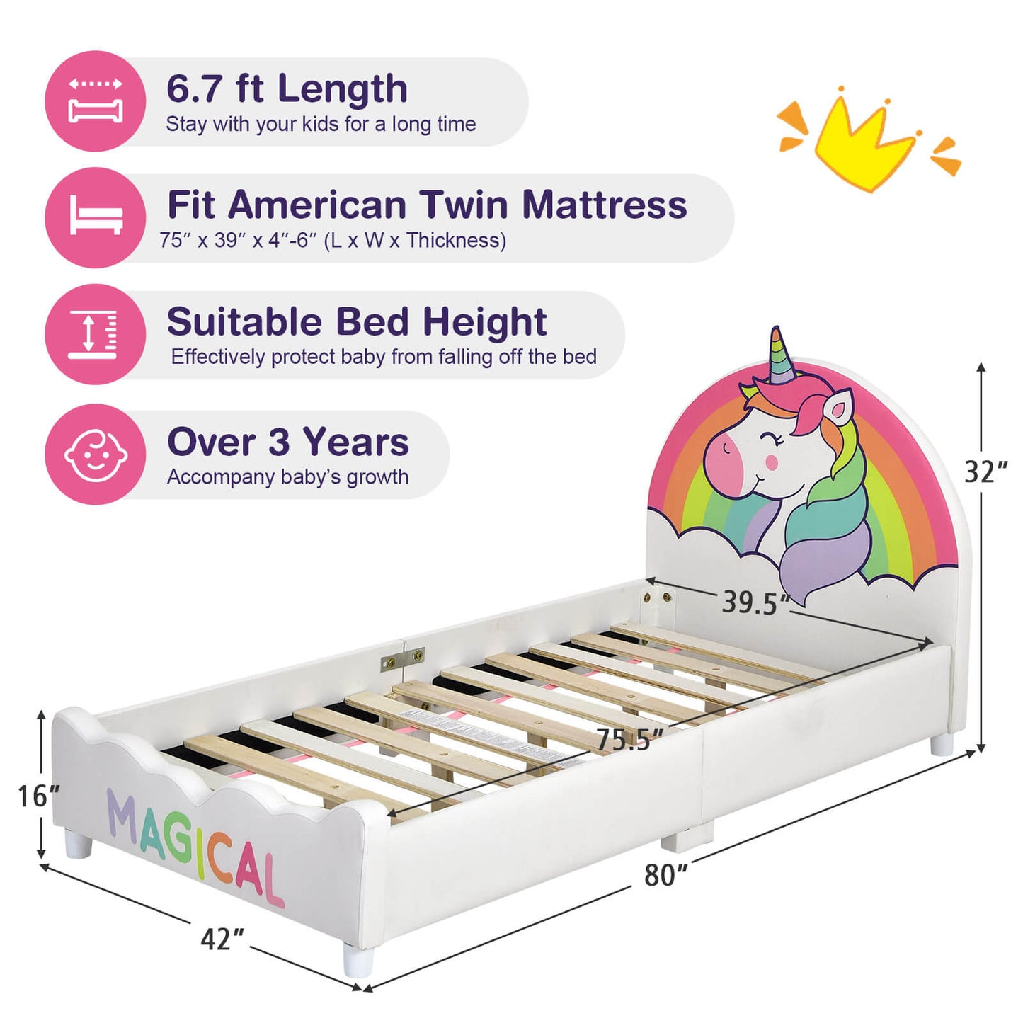 Children Twin Size Upholstered Platform Single Bed Kids Crystal