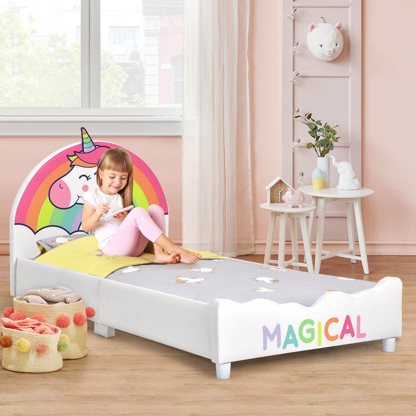 Children Twin Size Upholstered Platform Single Bed Kids Crystal