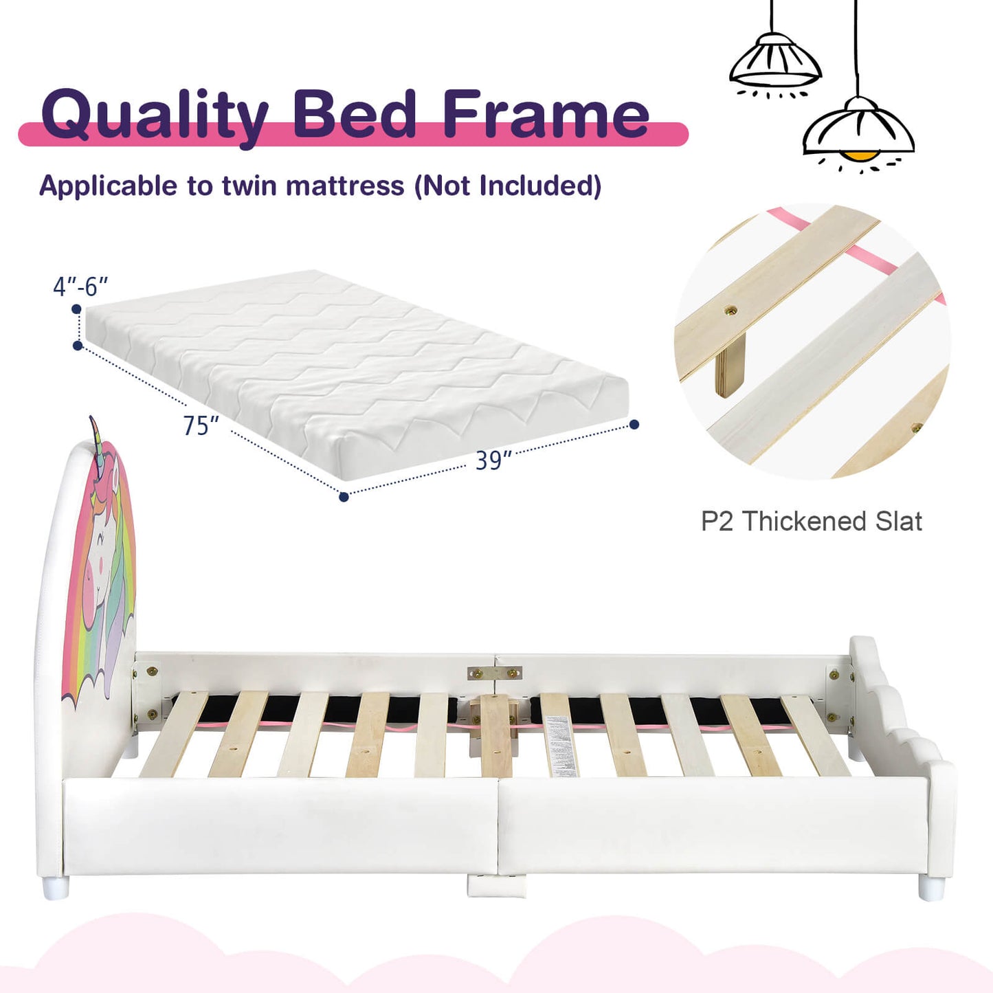 Children Twin Size Upholstered Platform Single Bed Kids Crystal