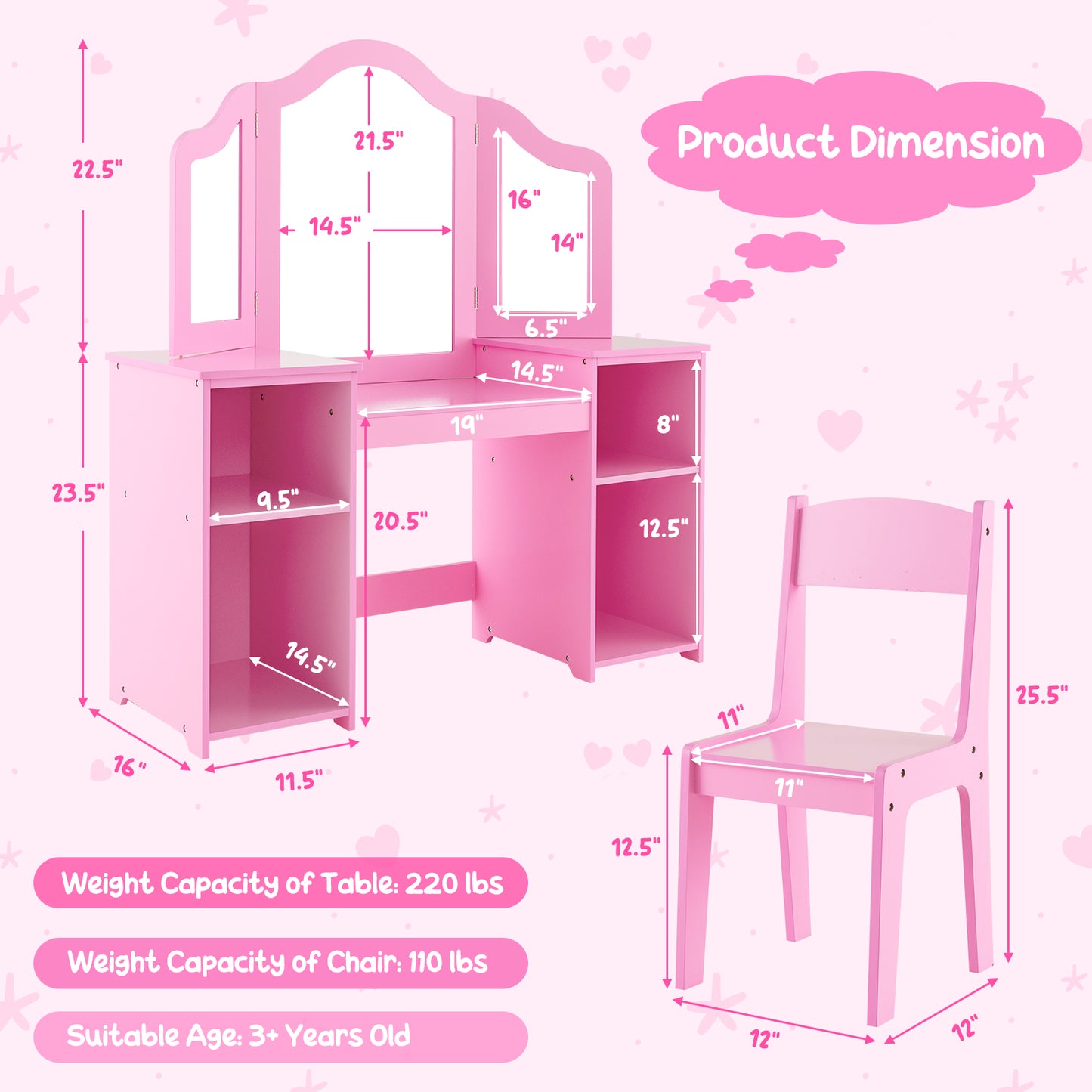 Kids Vanity Table and Chair Set with Removable Tri-Folding Mirror-Pink Kids Crystal