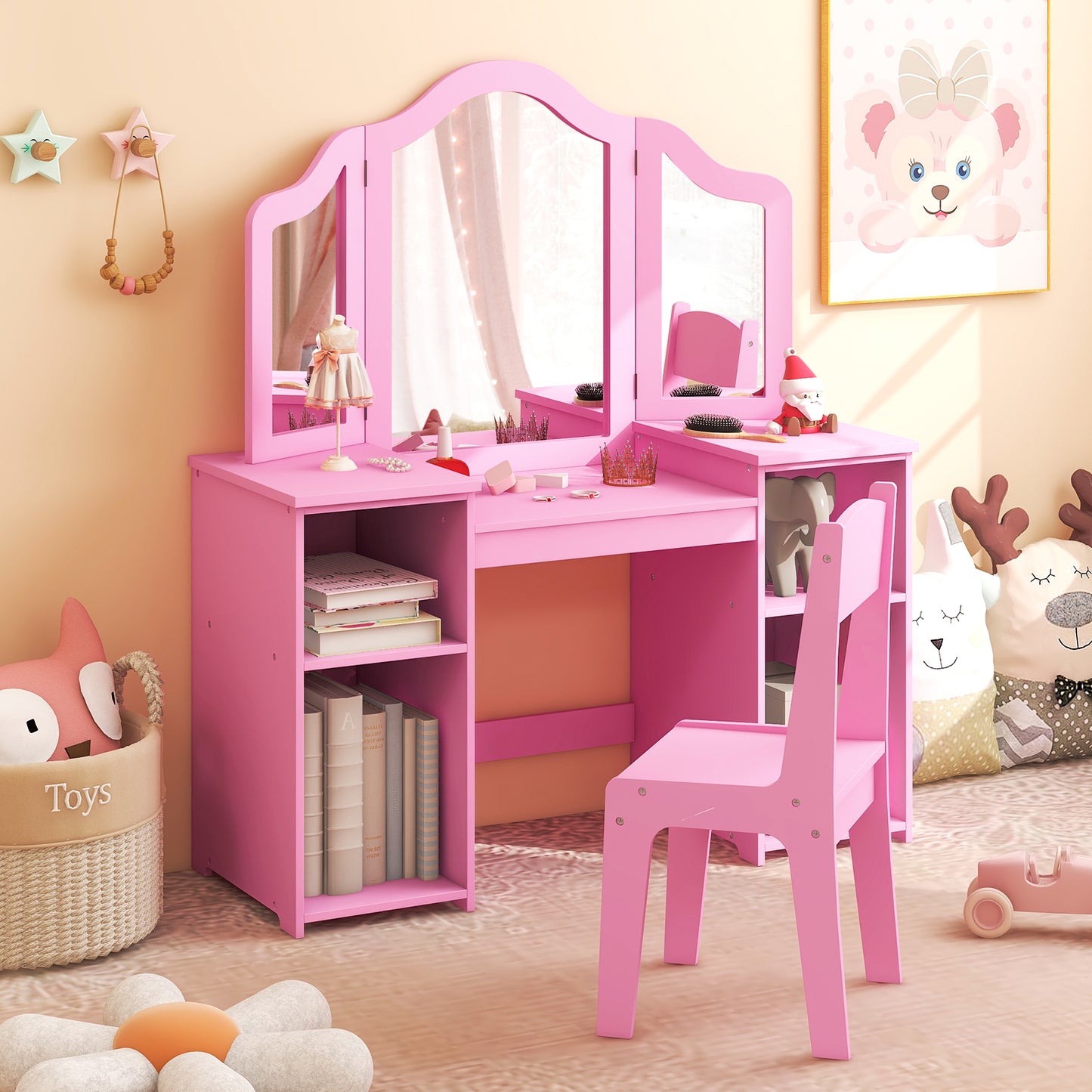 Kids Vanity Table and Chair Set with Removable Tri-Folding Mirror-Pink Kids Crystal
