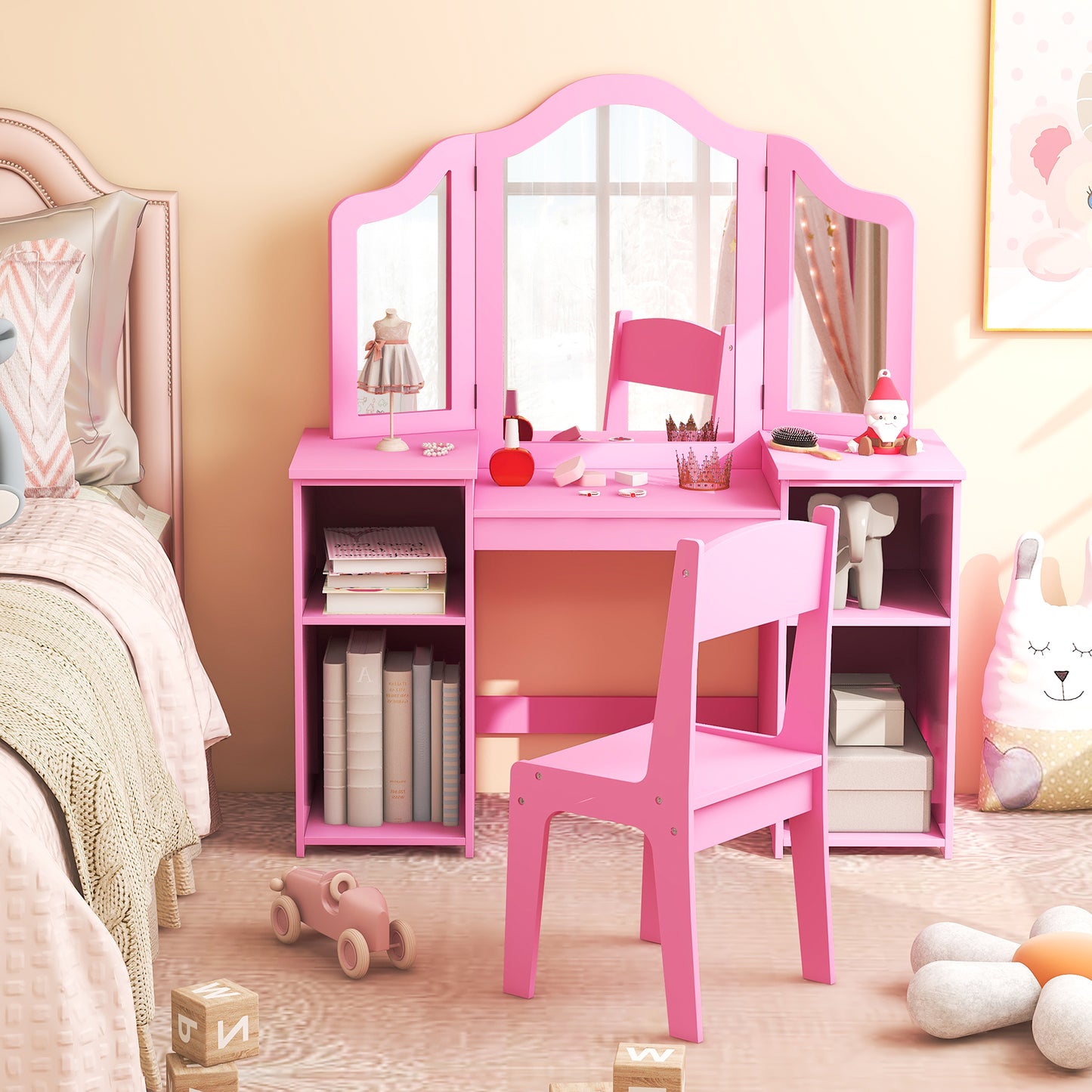 Kids Vanity Table and Chair Set with Removable Tri-Folding Mirror-Pink Kids Crystal