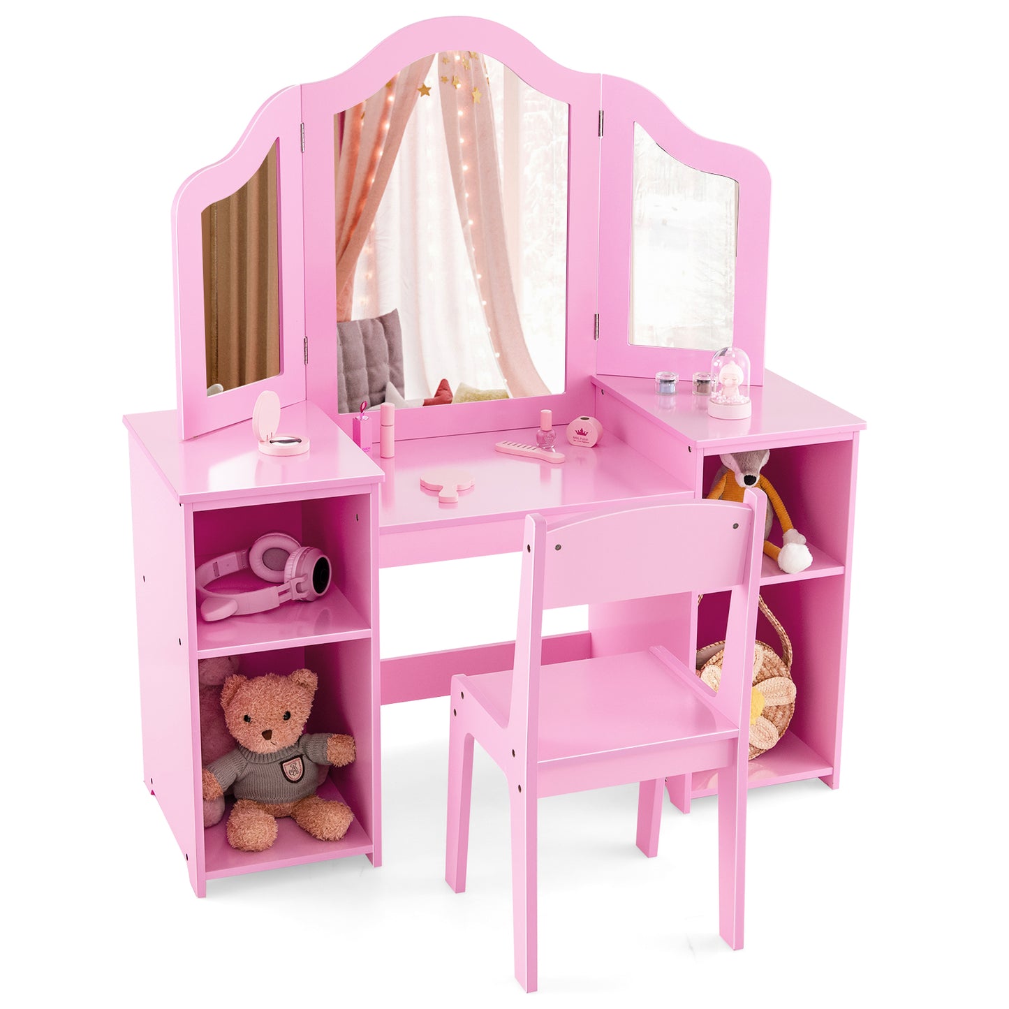 Kids Vanity Table and Chair Set with Removable Tri-Folding Mirror-Pink Kids Crystal