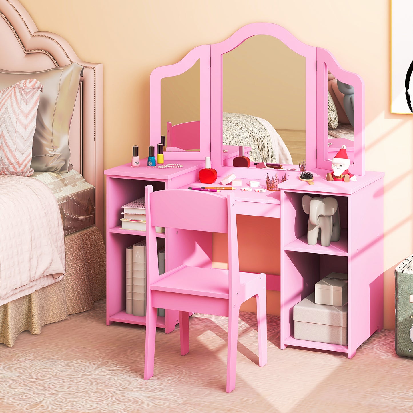 Kids Vanity Table and Chair Set with Removable Tri-Folding Mirror-Pink Kids Crystal