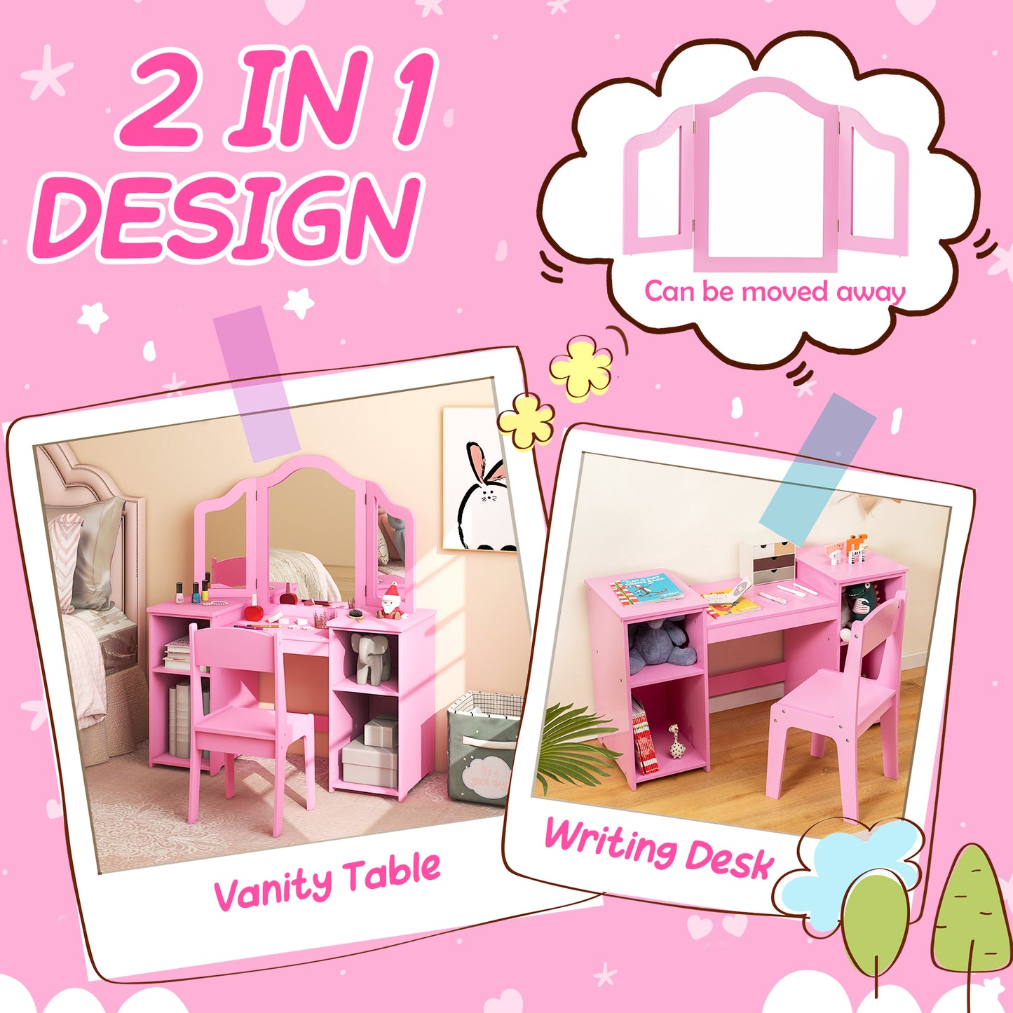 Kids Vanity Table and Chair Set with Removable Tri-Folding Mirror-Pink Kids Crystal