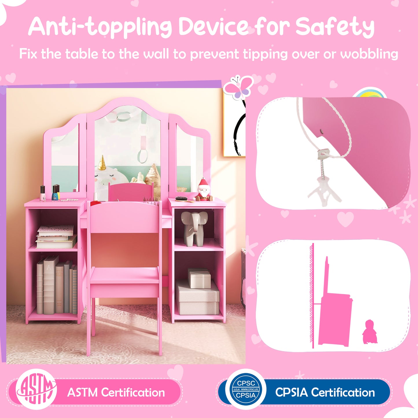Kids Vanity Table and Chair Set with Removable Tri-Folding Mirror-Pink Kids Crystal