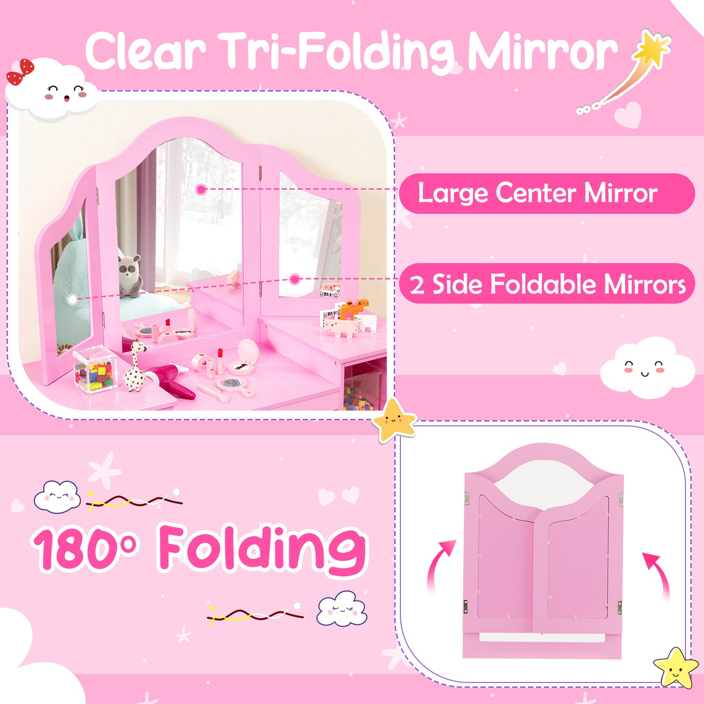 Kids Vanity Table and Chair Set with Removable Tri-Folding Mirror-Pink Kids Crystal