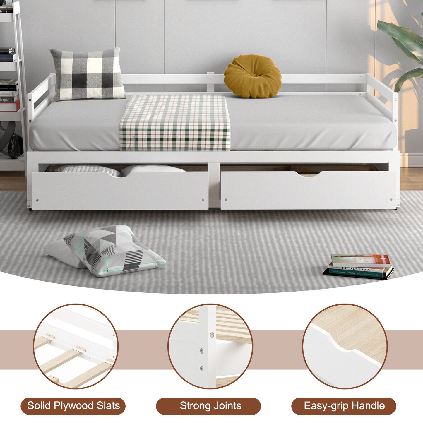 Extendable Twin to King Daybed with Trundle and 2 Storage Drawers-White Kids Crystal