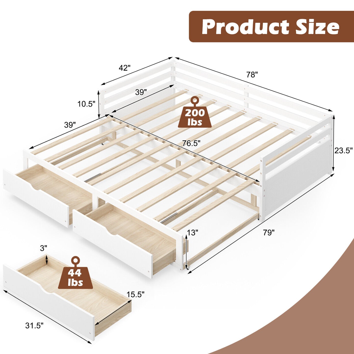 Extendable Twin to King Daybed with Trundle and 2 Storage Drawers-White Kids Crystal