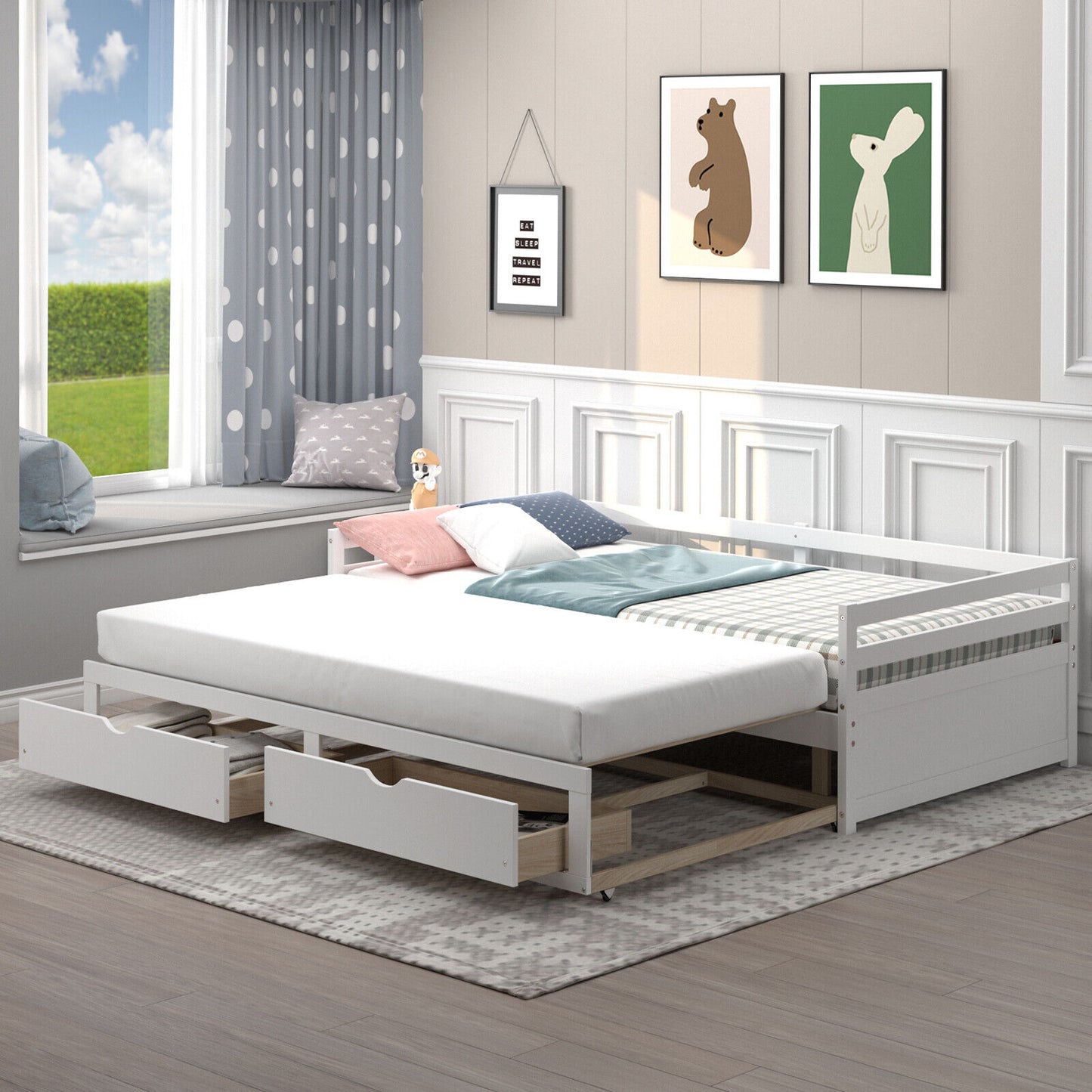 Extendable Twin to King Daybed with Trundle and 2 Storage Drawers-White Kids Crystal