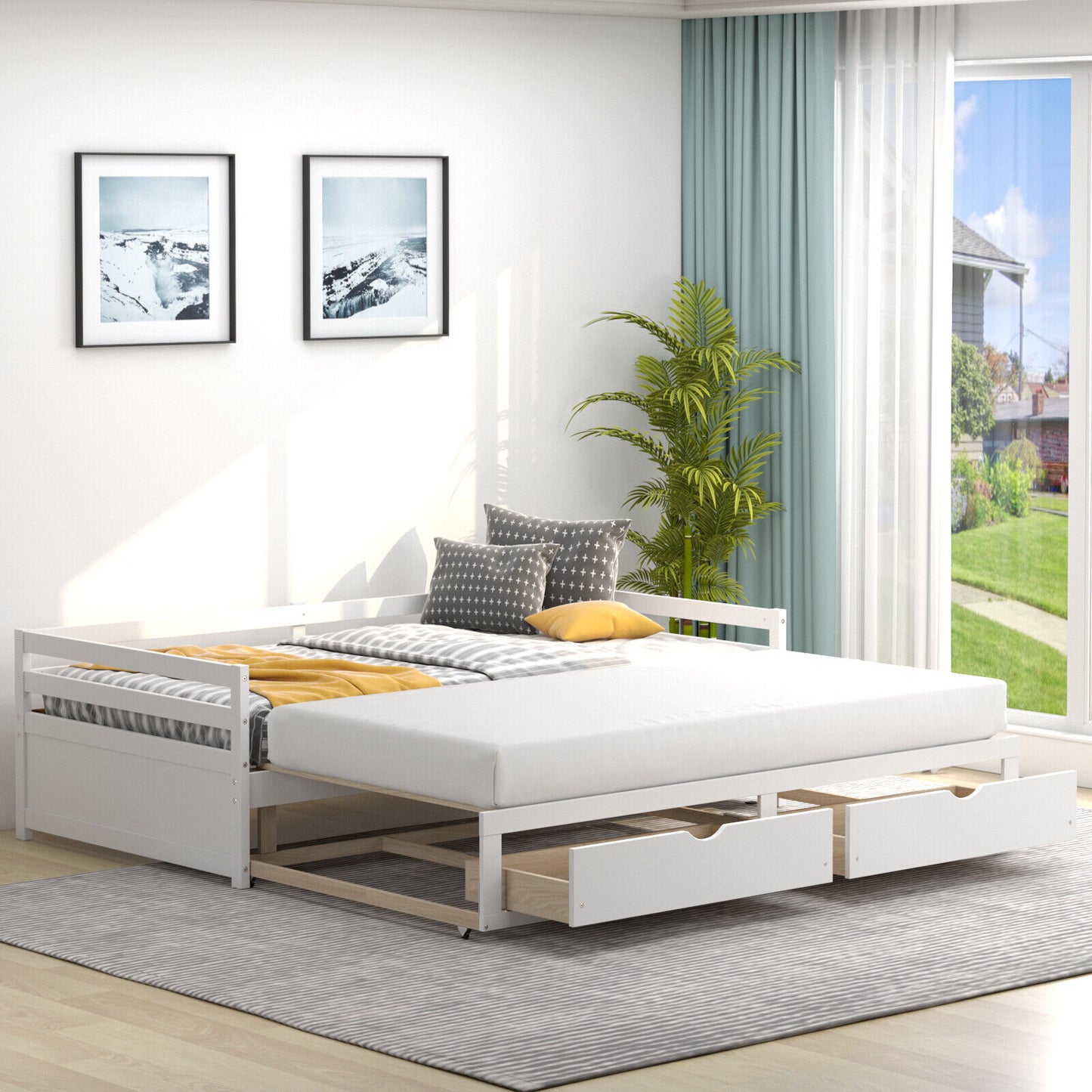 Extendable Twin to King Daybed with Trundle and 2 Storage Drawers-White Kids Crystal