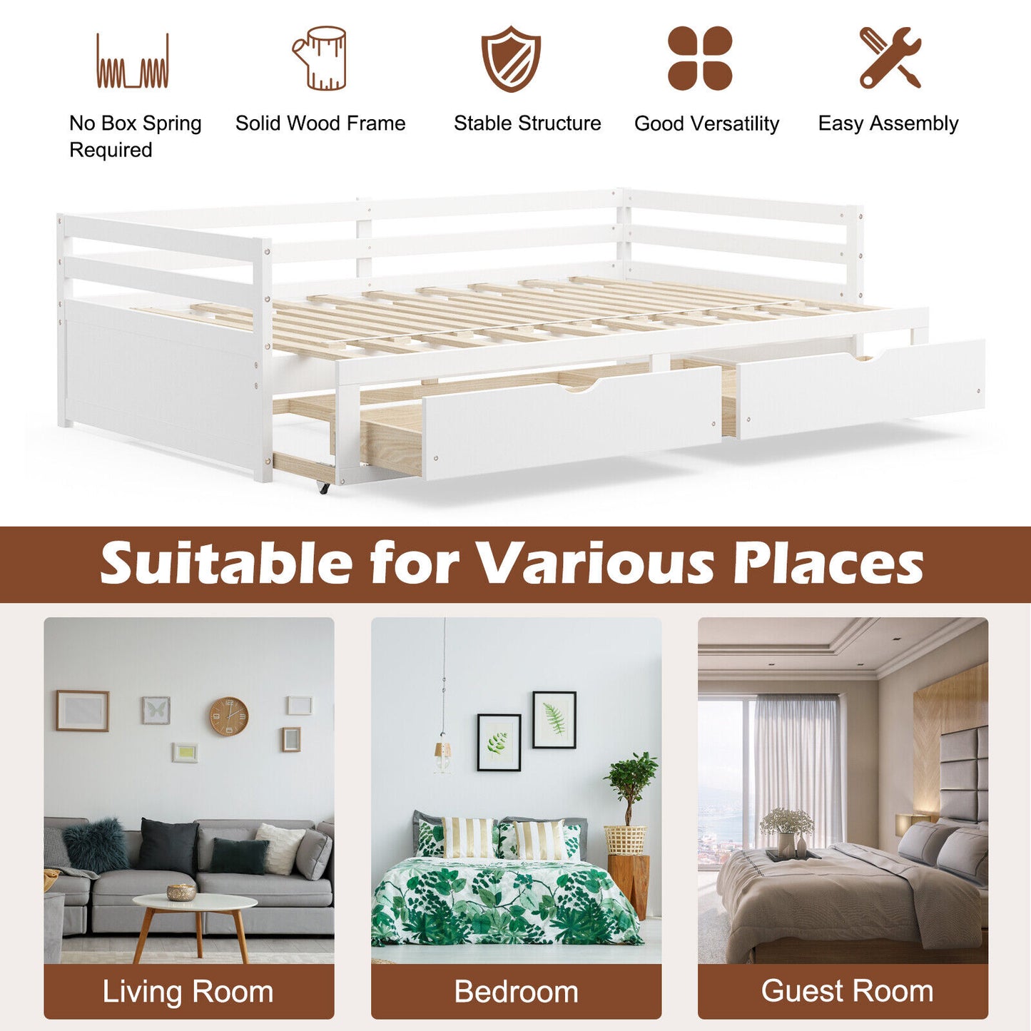 Extendable Twin to King Daybed with Trundle and 2 Storage Drawers-White Kids Crystal