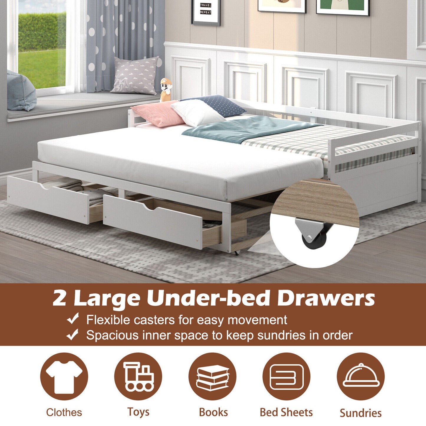Extendable Twin to King Daybed with Trundle and 2 Storage Drawers-White Kids Crystal